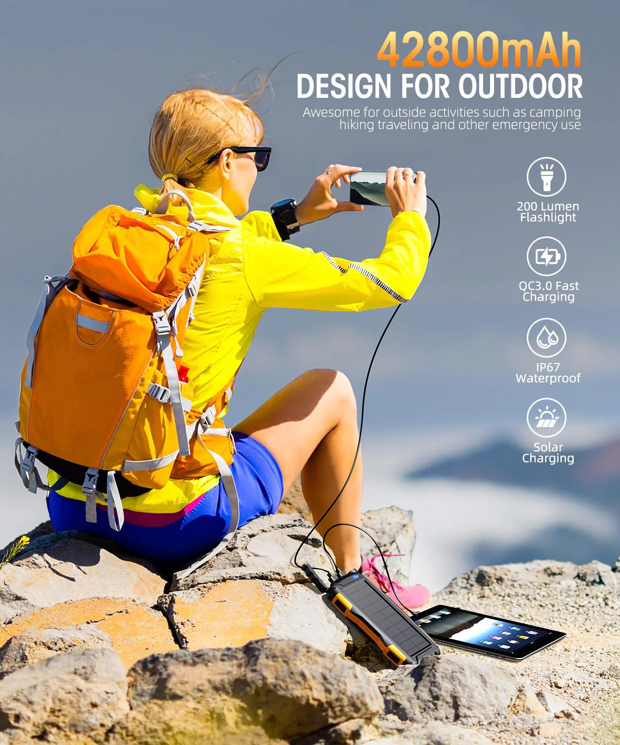 Power-Bank-Solar-Charger - 42800mAh Portable Charger,Solar Power Bank,External Battery Pack 5V3.1A Qc 3.0 Fast Charger Built-in Super Bright Flashlight (Orange) Orange - Image 3