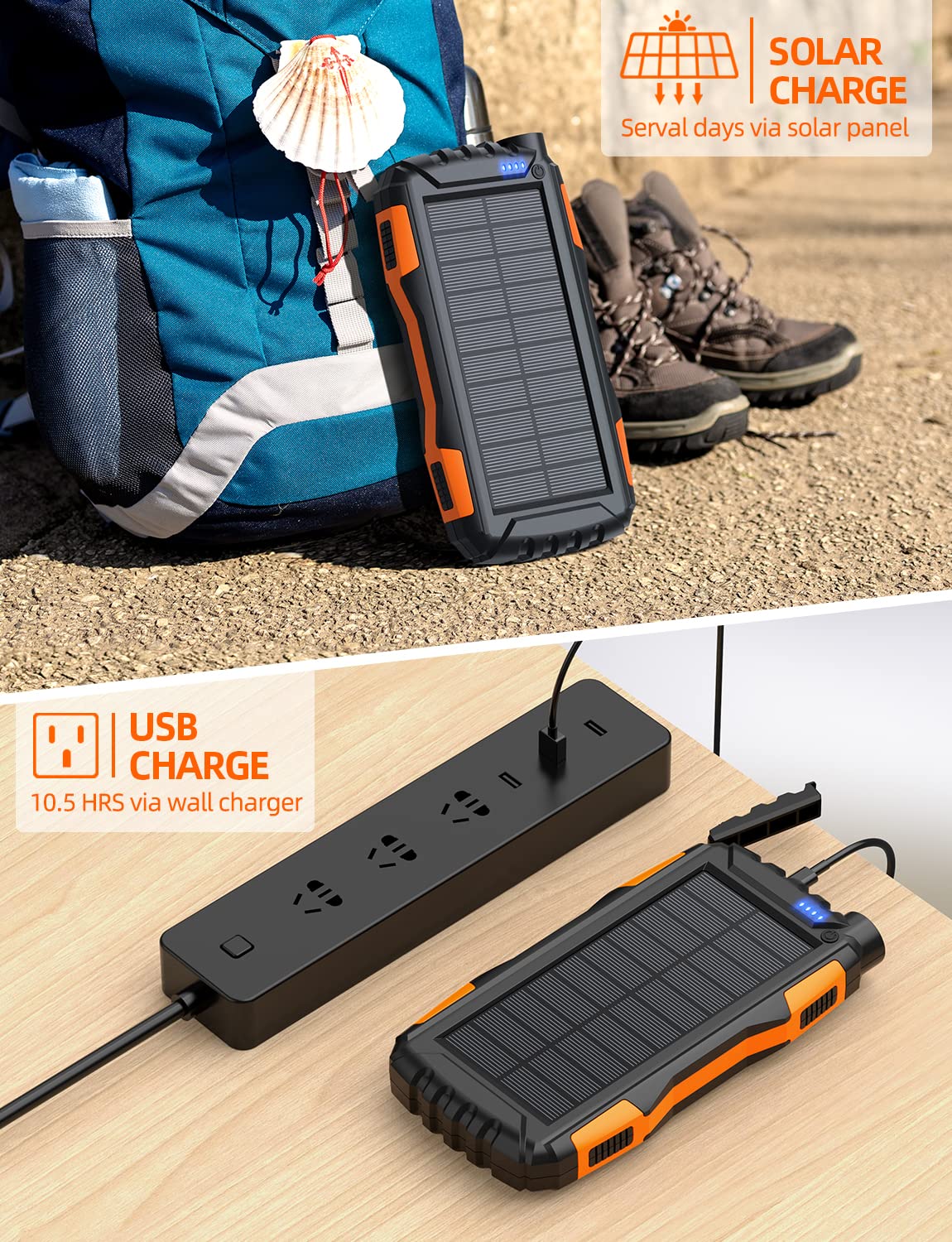 Power-Bank-Solar-Charger - 42800mAh Portable Charger,Solar Power Bank,External Battery Pack 5V3.1A Qc 3.0 Fast Charger Built-in Super Bright Flashlight (Orange) Orange - Image 6