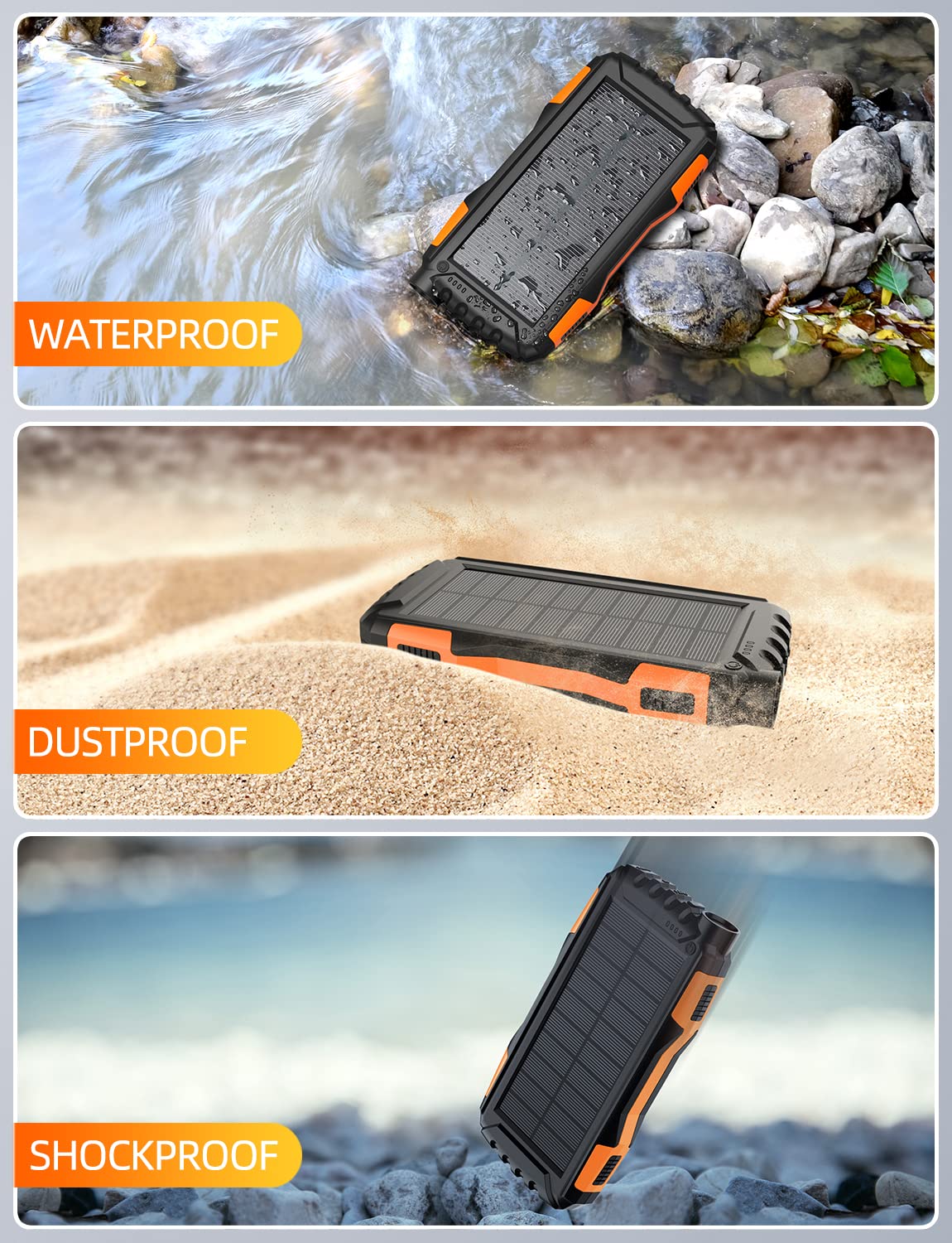 Power-Bank-Solar-Charger - 42800mAh Portable Charger,Solar Power Bank,External Battery Pack 5V3.1A Qc 3.0 Fast Charger Built-in Super Bright Flashlight (Orange) Orange - Image 7