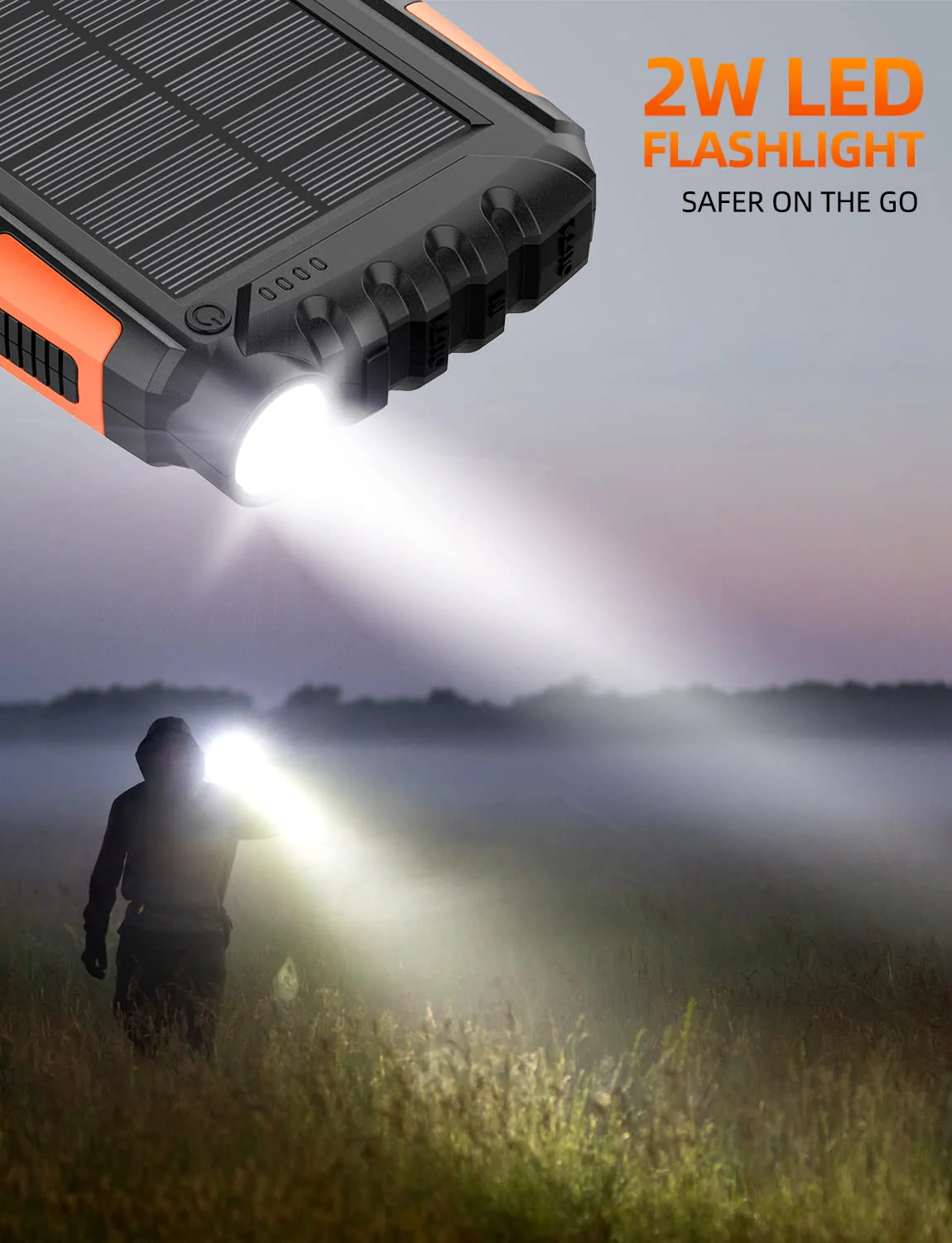 Power-Bank-Solar-Charger - 42800mAh Portable Charger,Solar Power Bank,External Battery Pack 5V3.1A Qc 3.0 Fast Charger Built-in Super Bright Flashlight (Orange) Orange - Image 9
