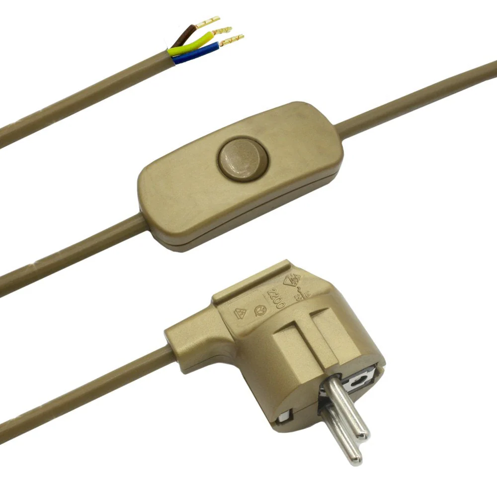 Power Cable with Plug and Switch 2 Metres Gold Connection Cable Power Cable with Cord Switch and Angled Plug 3 x 0.75 mm² 250 V G Length 2000 mm