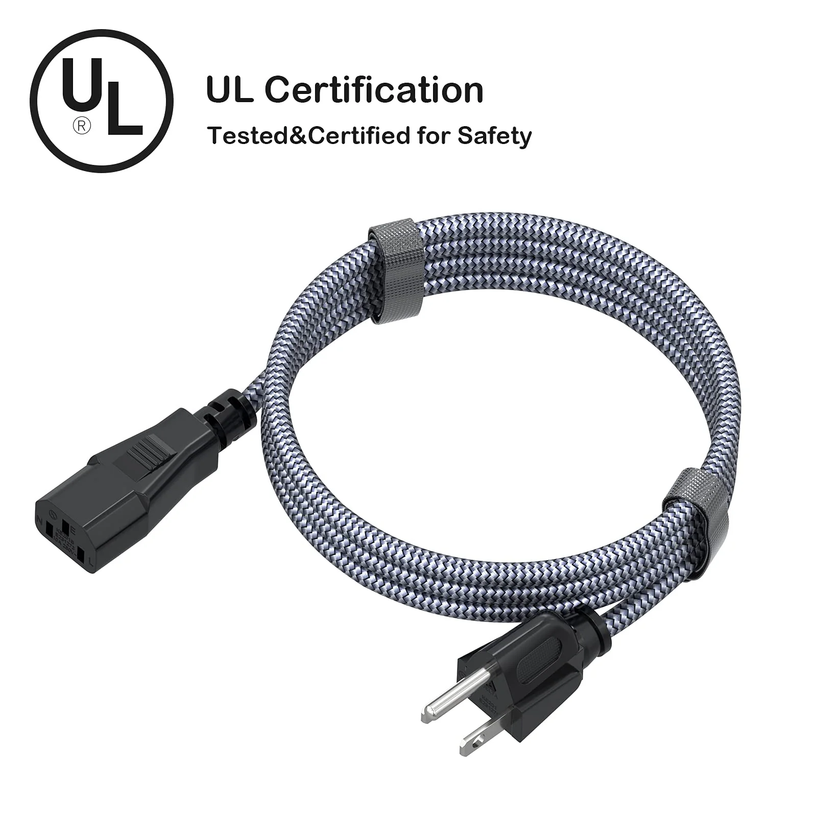 Power Cord, Goalfish 3.3FT/1M TV Power Cord 10A 250V Power Cable UL Certified 18AWG 3 Prong AC Power Cable Nylon Braided PC Power Cord Replacement for Computer, HDTV, Monitor, Printer Grey - Image 3