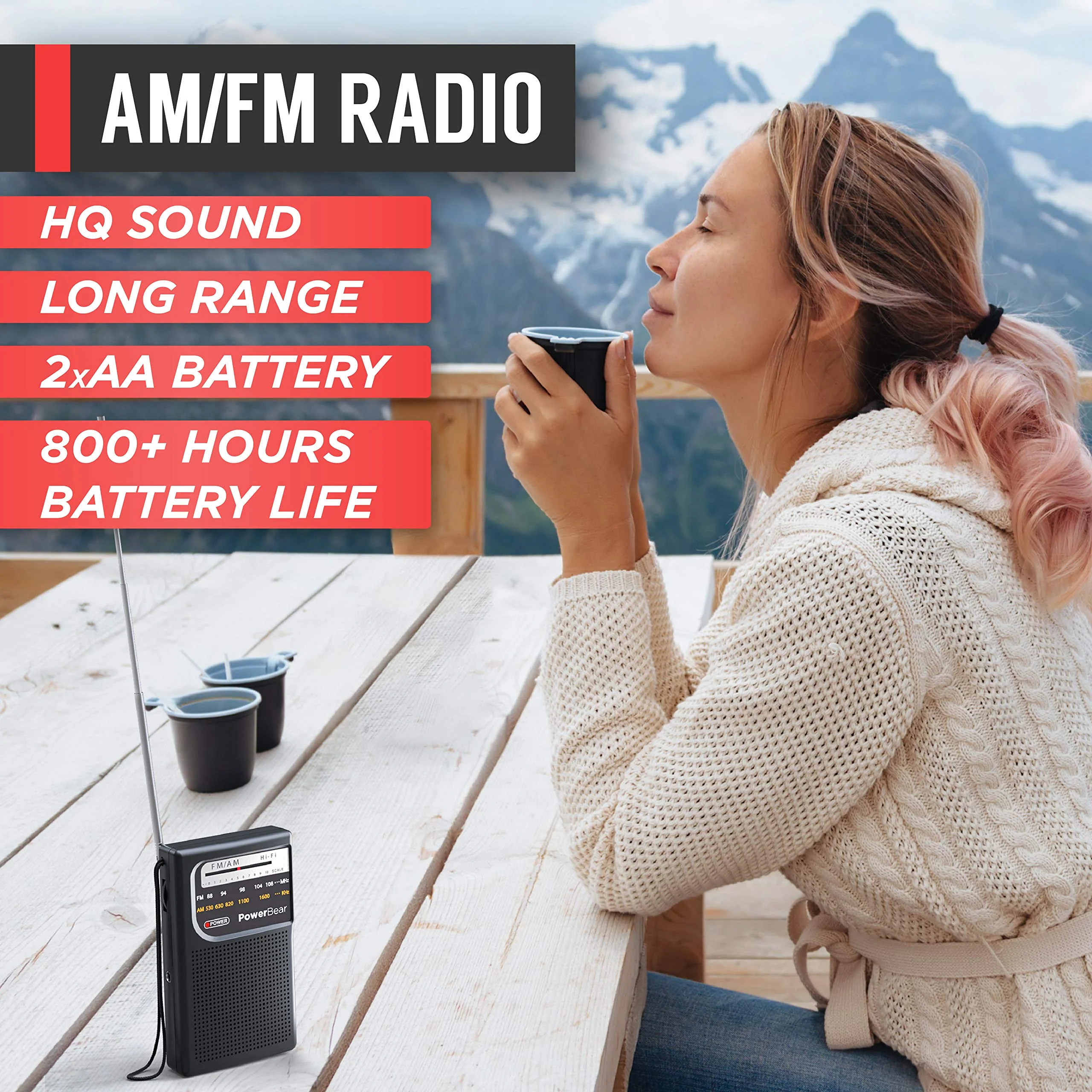 PowerBear Portable Radio | AM/FM, 2AA Battery Operated with Long Range Reception for Indoor, Outdoor & Emergency Use | Radio with Speaker & Headphone Jack (Black) Black - Image 2