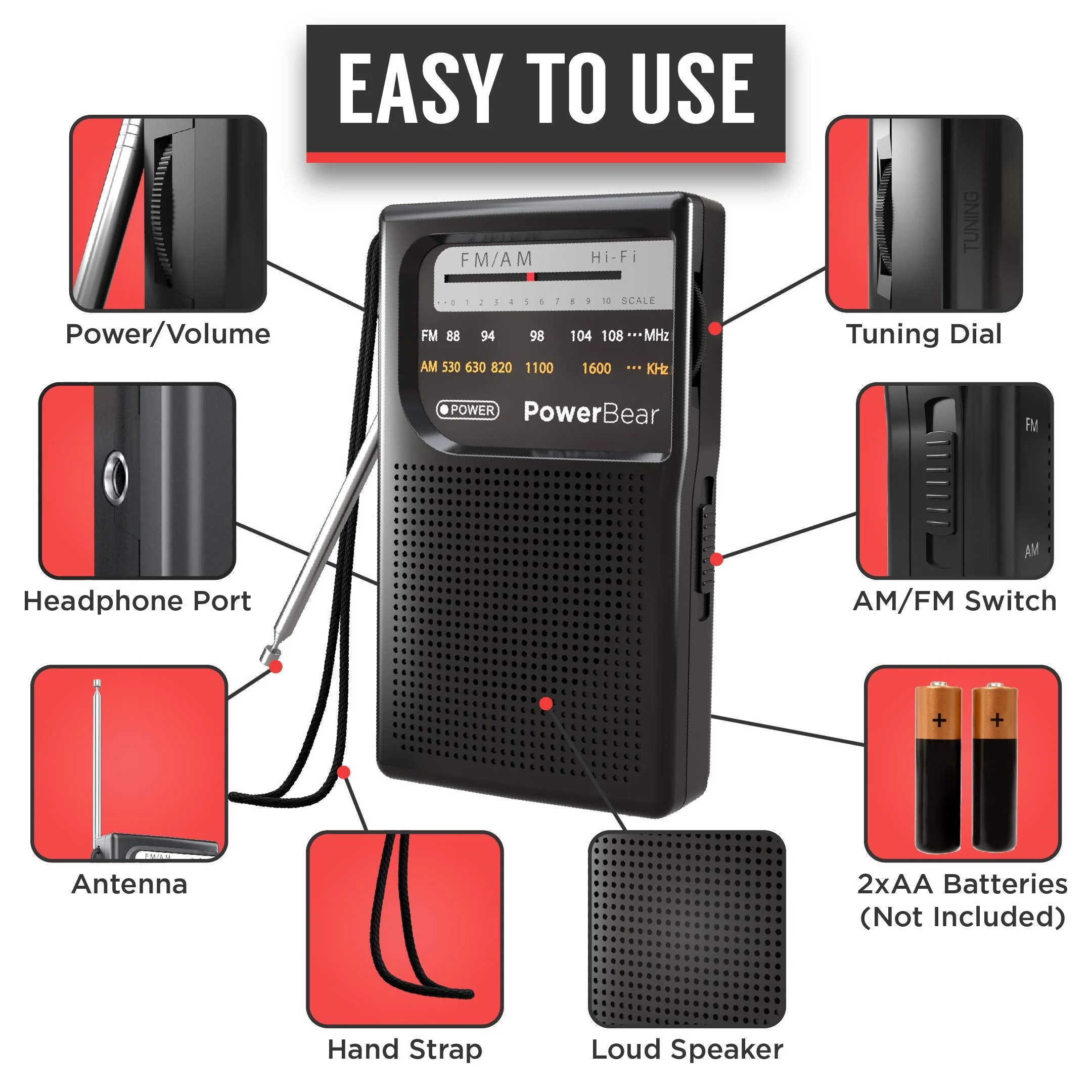 PowerBear Portable Radio | AM/FM, 2AA Battery Operated with Long Range Reception for Indoor, Outdoor & Emergency Use | Radio with Speaker & Headphone Jack (Black) Black - Image 3