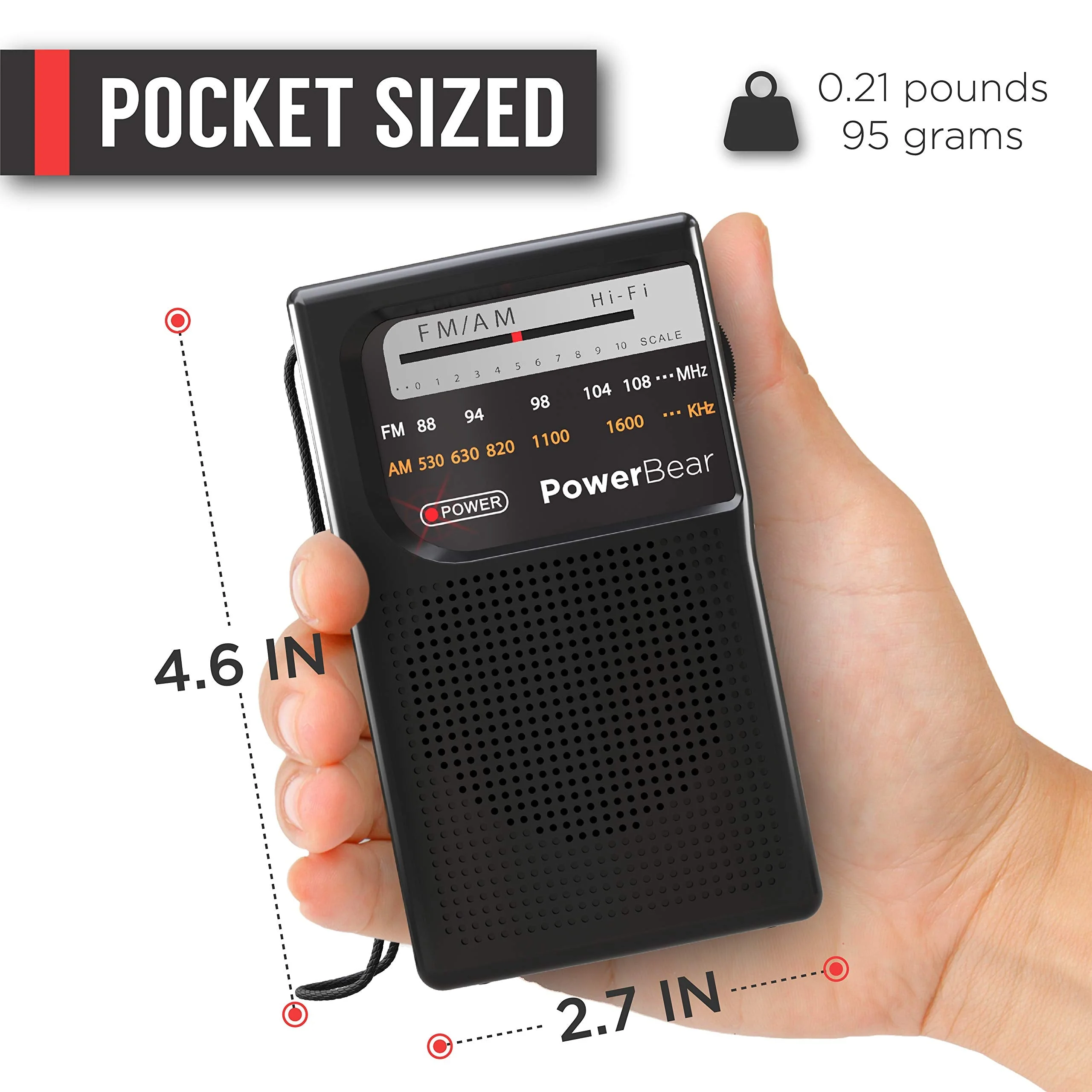 PowerBear Portable Radio | AM/FM, 2AA Battery Operated with Long Range Reception for Indoor, Outdoor & Emergency Use | Radio with Speaker & Headphone Jack (Black) Black - Image 5