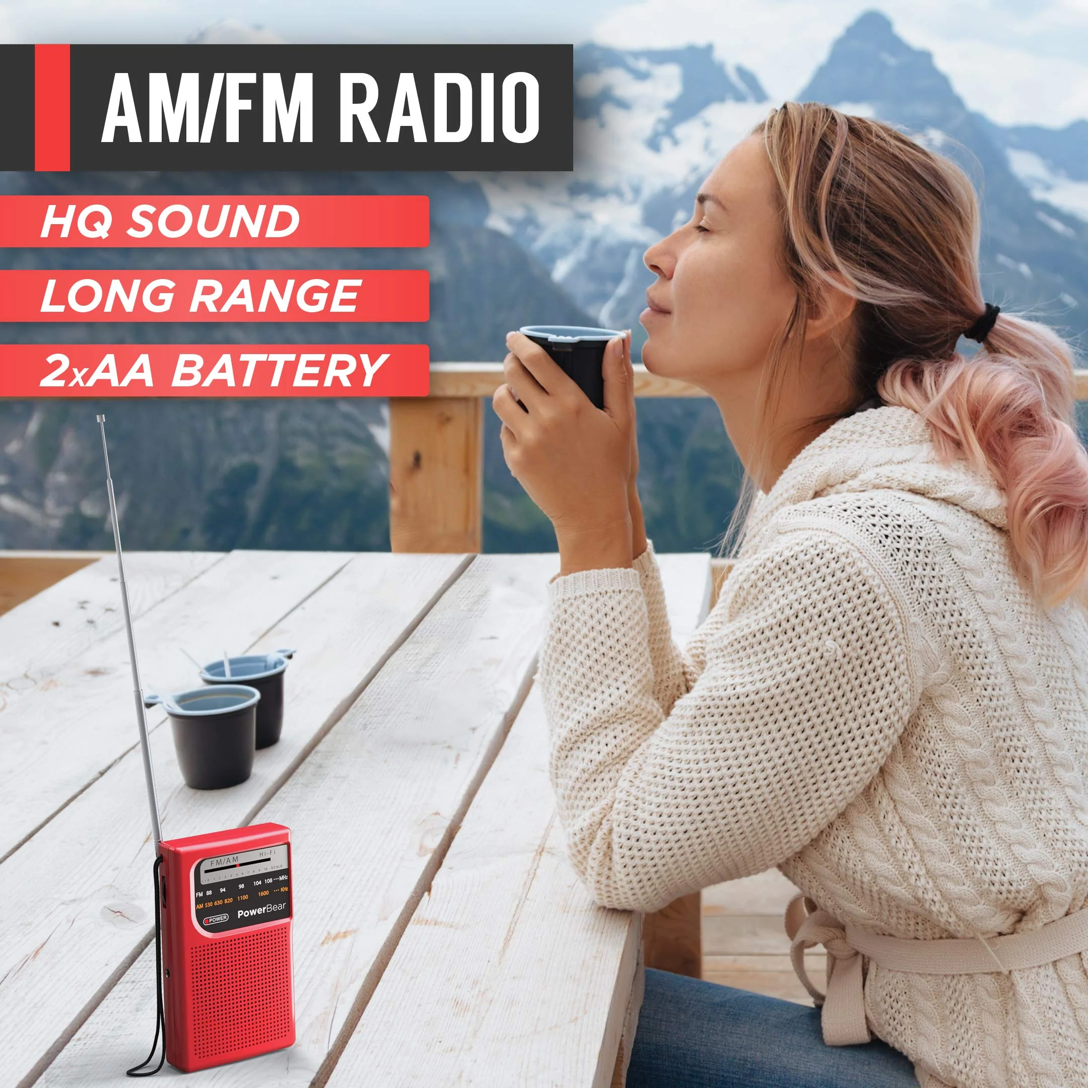 PowerBear Portable Radio | AM/FM, 2AA Battery Operated with Long Range Reception for Indoor, Outdoor & Emergency Use | Radio with Speaker & Headphone Jack (Red) Red - Image 2