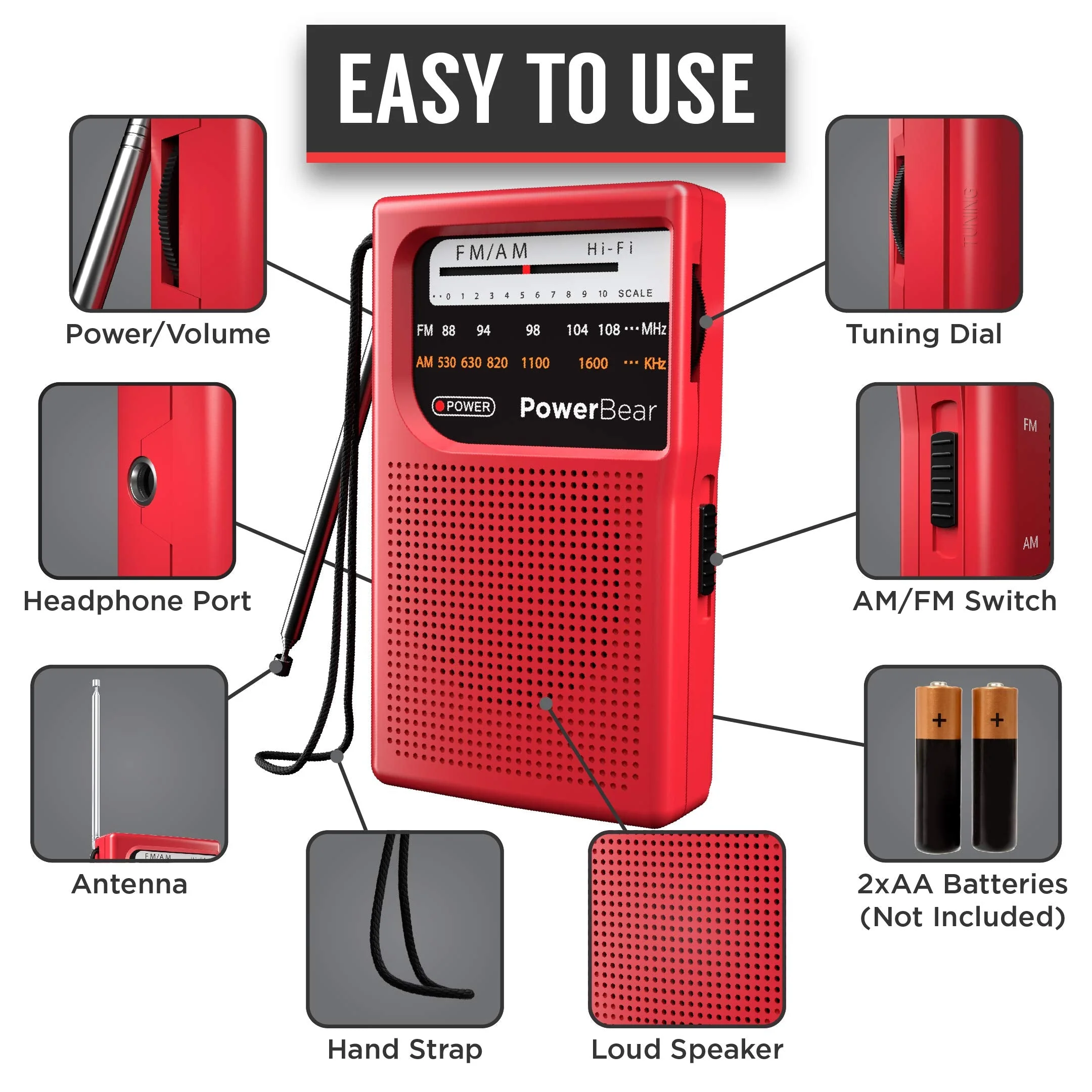 PowerBear Portable Radio | AM/FM, 2AA Battery Operated with Long Range Reception for Indoor, Outdoor & Emergency Use | Radio with Speaker & Headphone Jack (Red) Red - Image 3