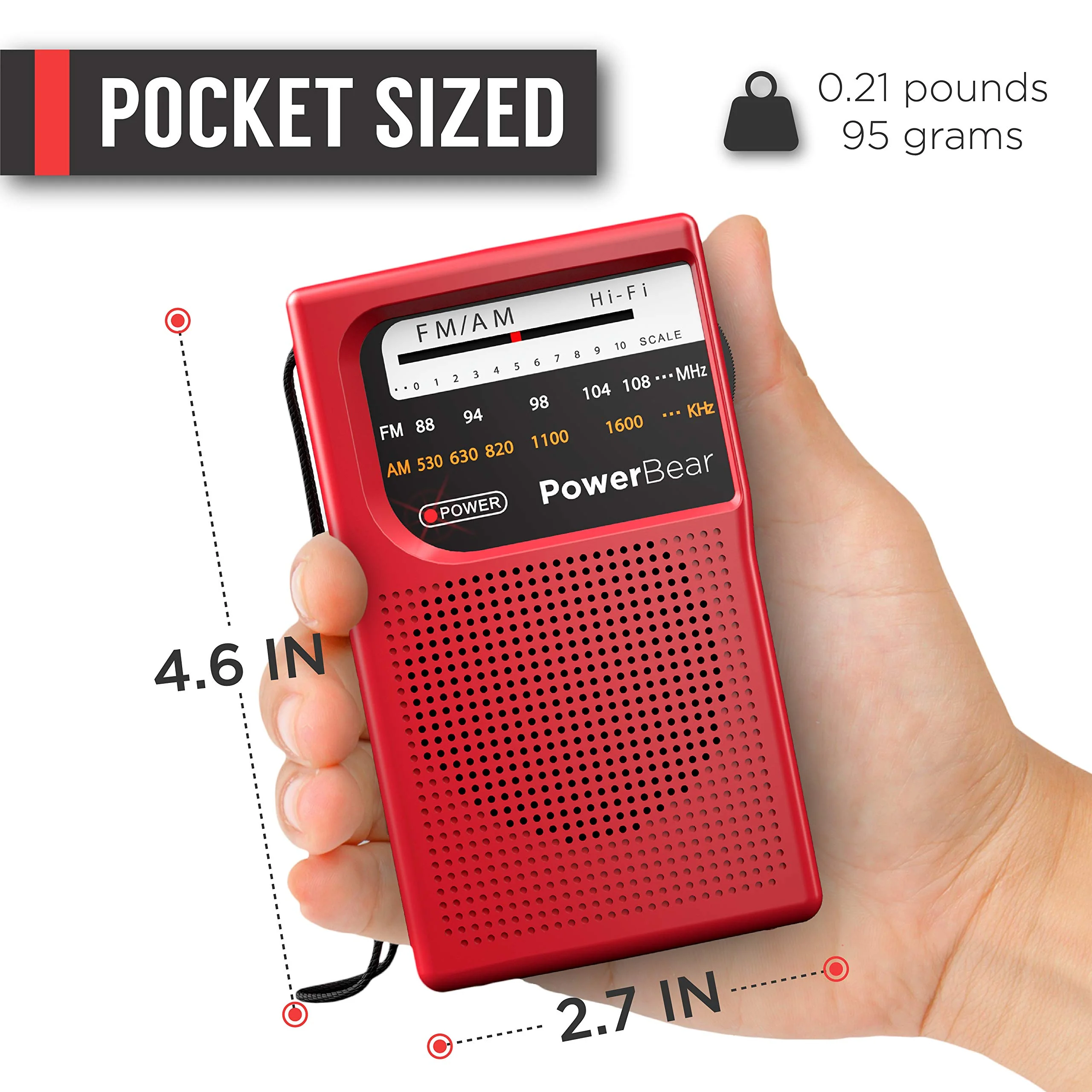 PowerBear Portable Radio | AM/FM, 2AA Battery Operated with Long Range Reception for Indoor, Outdoor & Emergency Use | Radio with Speaker & Headphone Jack (Red) Red - Image 5