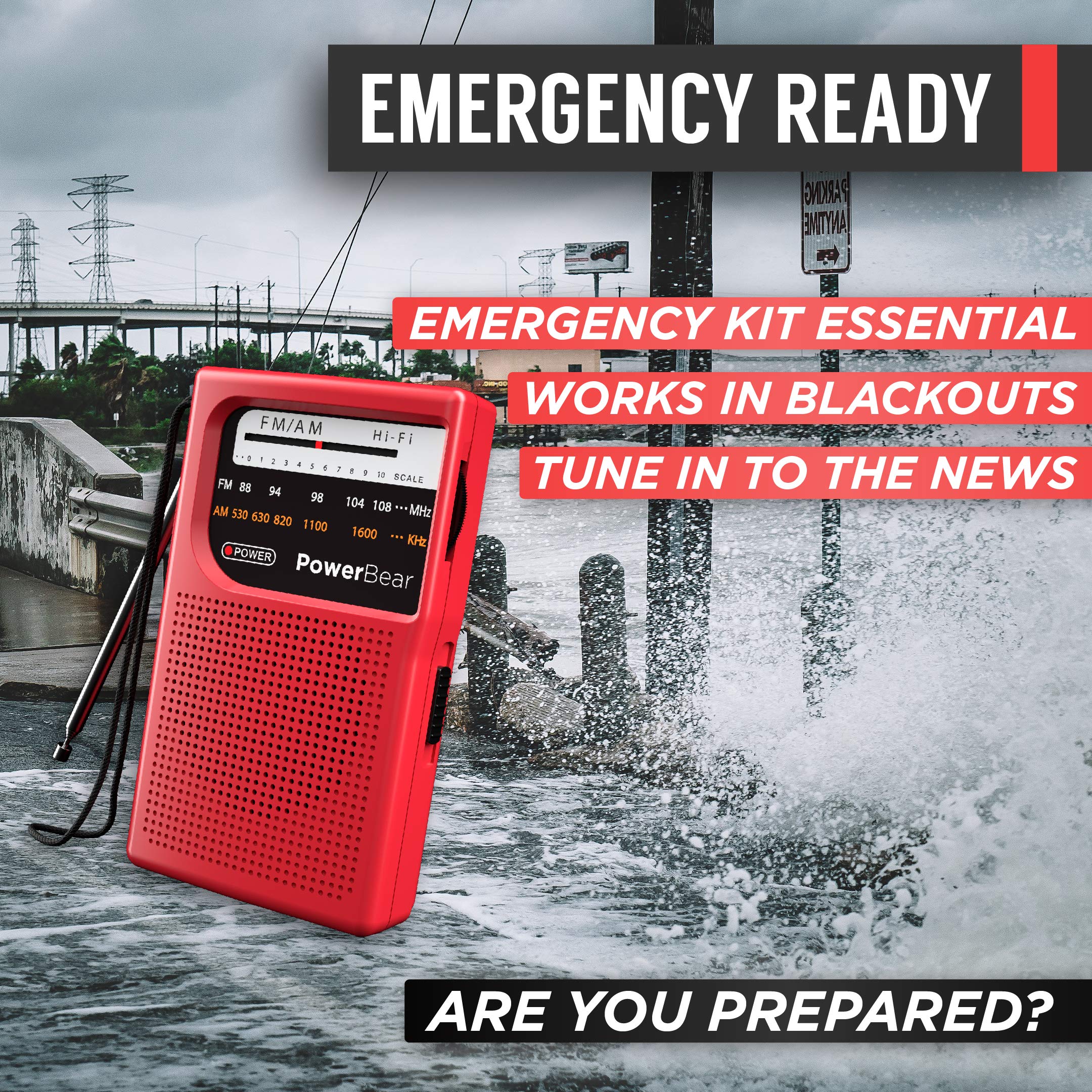 PowerBear Portable Radio | AM/FM, 2AA Battery Operated with Long Range Reception for Indoor, Outdoor & Emergency Use | Radio with Speaker & Headphone Jack (Red) Red - Image 6