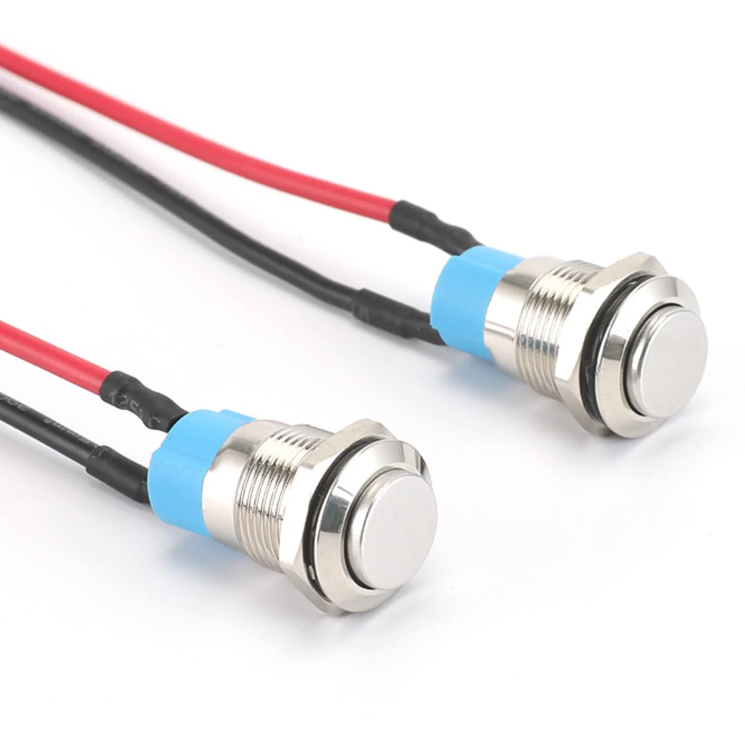 Powice 2 x 12 mm waterproof switch, pressure switch, self-locking stainless steel button switch, 12 V/230 V, suitable for horns, car bells, cars etc. with 20 cm connection cable (protruding) Protruding self-locking switch