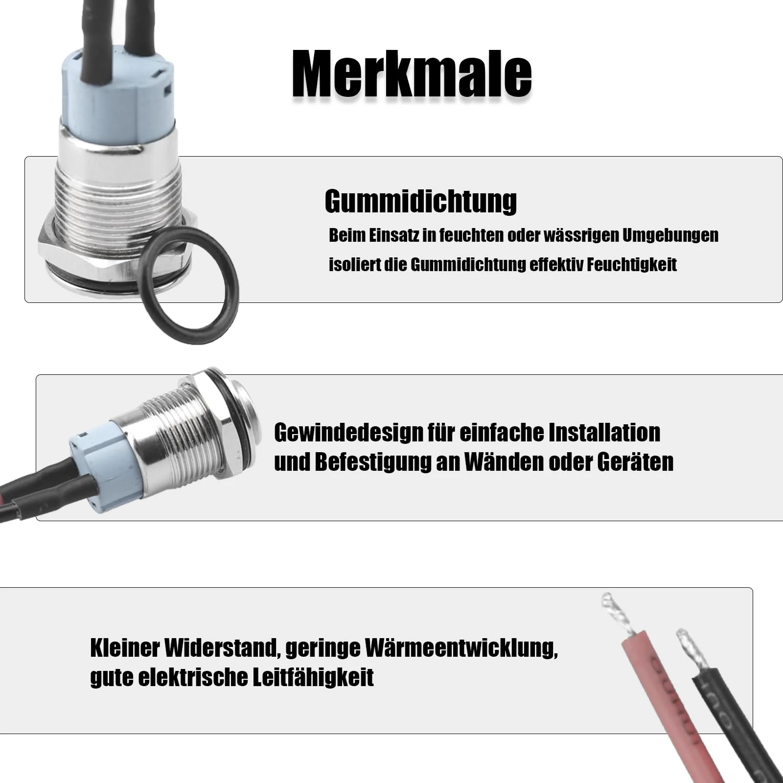 Powice 2 x 12 mm waterproof switch, pressure switch, self-locking stainless steel button switch, 12 V/230 V, suitable for horns, car bells, cars etc. with 20 cm connection cable (protruding) Protruding self-locking switch - Image 4