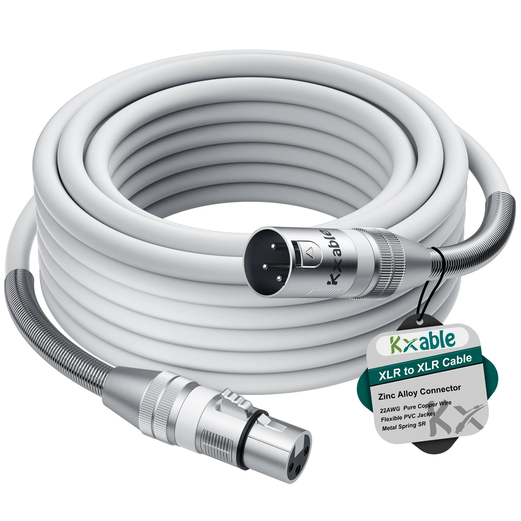 Premium 25 Feet XLR Microphone Cable, Heavy Duty 22AWG OFC XLR Male to Female Cord, 3-Pin Shielded Mic Speaker Cable, Zinc Alloy Connectors, Metal Spring SR, White 25FT