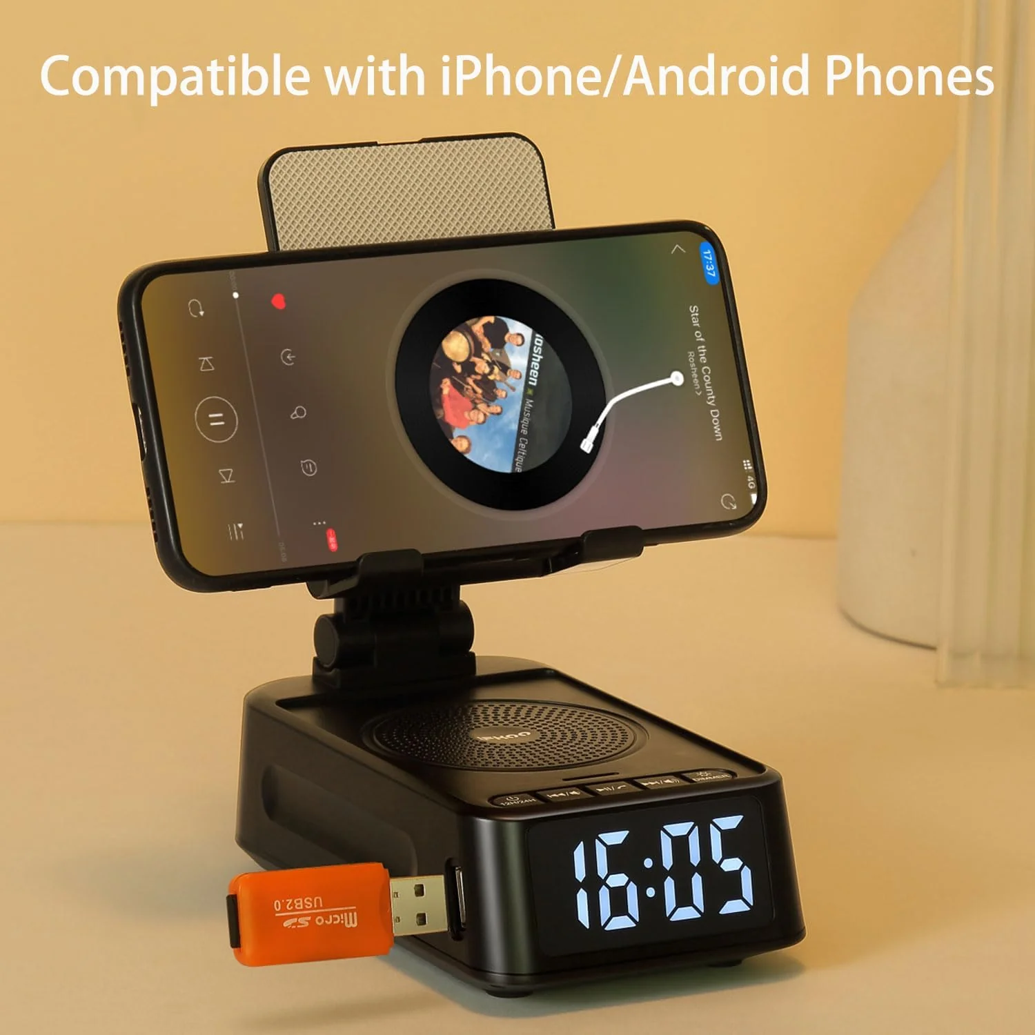 Presents for Men/Women, Cell Phone Stand with Wireless Bluetooth Speaker, 12H Time Display Unique Presents for Him, Husband, Boyfriend, Dad, Her, Wife, Mom, Cool Multi Functional Gadget (Crow Black) Crow Black - Image 3