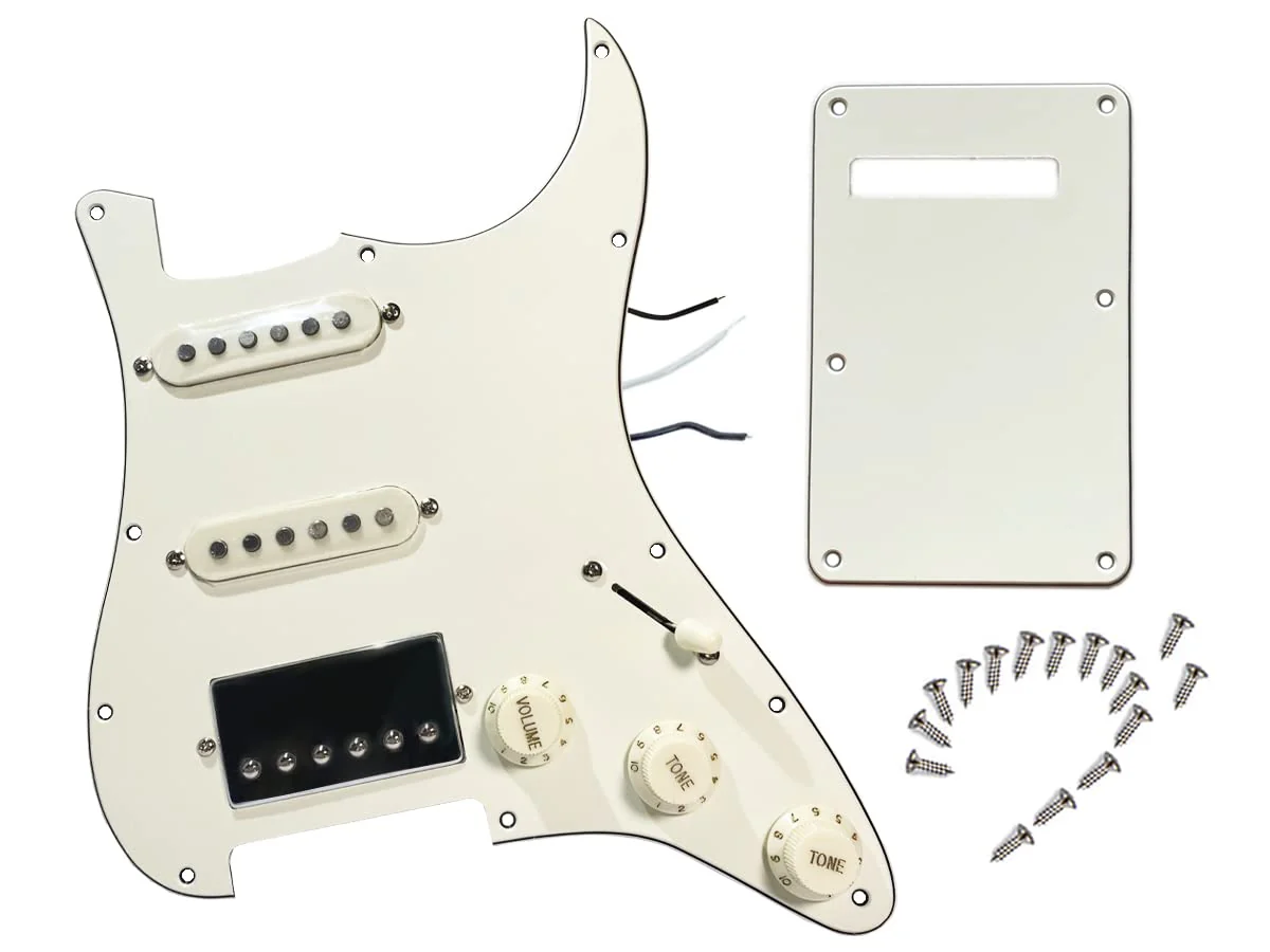 Prewired Pickguard with SSH Pickup Set, 3-ply Pick Guard Loaded High Output Alnico V Single Coil Humbucker Pick-ups, Electric Guitar Scratchplate as Luthier Replacement Parts, Cream-0C adged white 90C