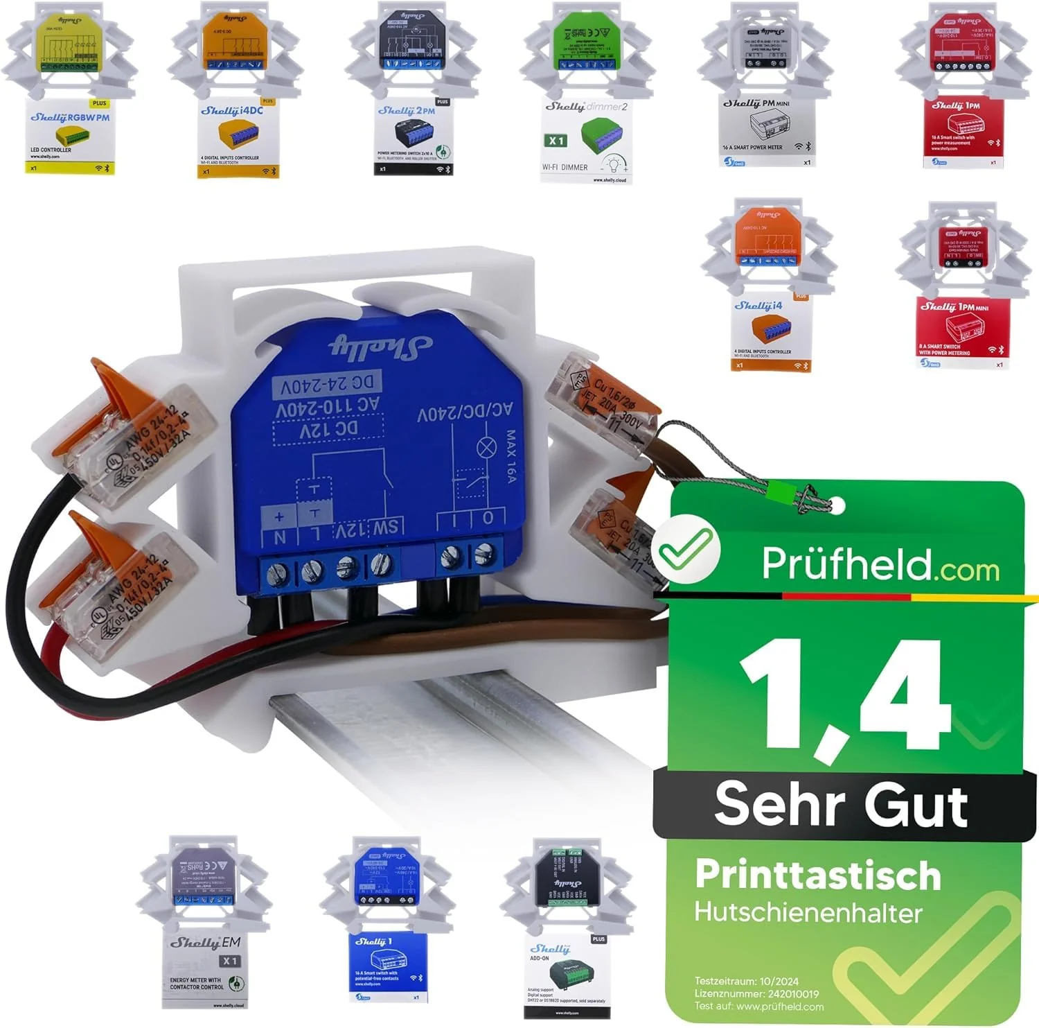 Printtastisch Shelly DIN Rail Holder without Extension for 29 Shelly Relays: Plus 1, 1 Mini Gen3, Plus 1PM, 1PM Mini Gen3, Plus 2PM, 2.5, RGBW 2, PM Gen3, DIN Rail Holder, Electrical Installation 1 Stück