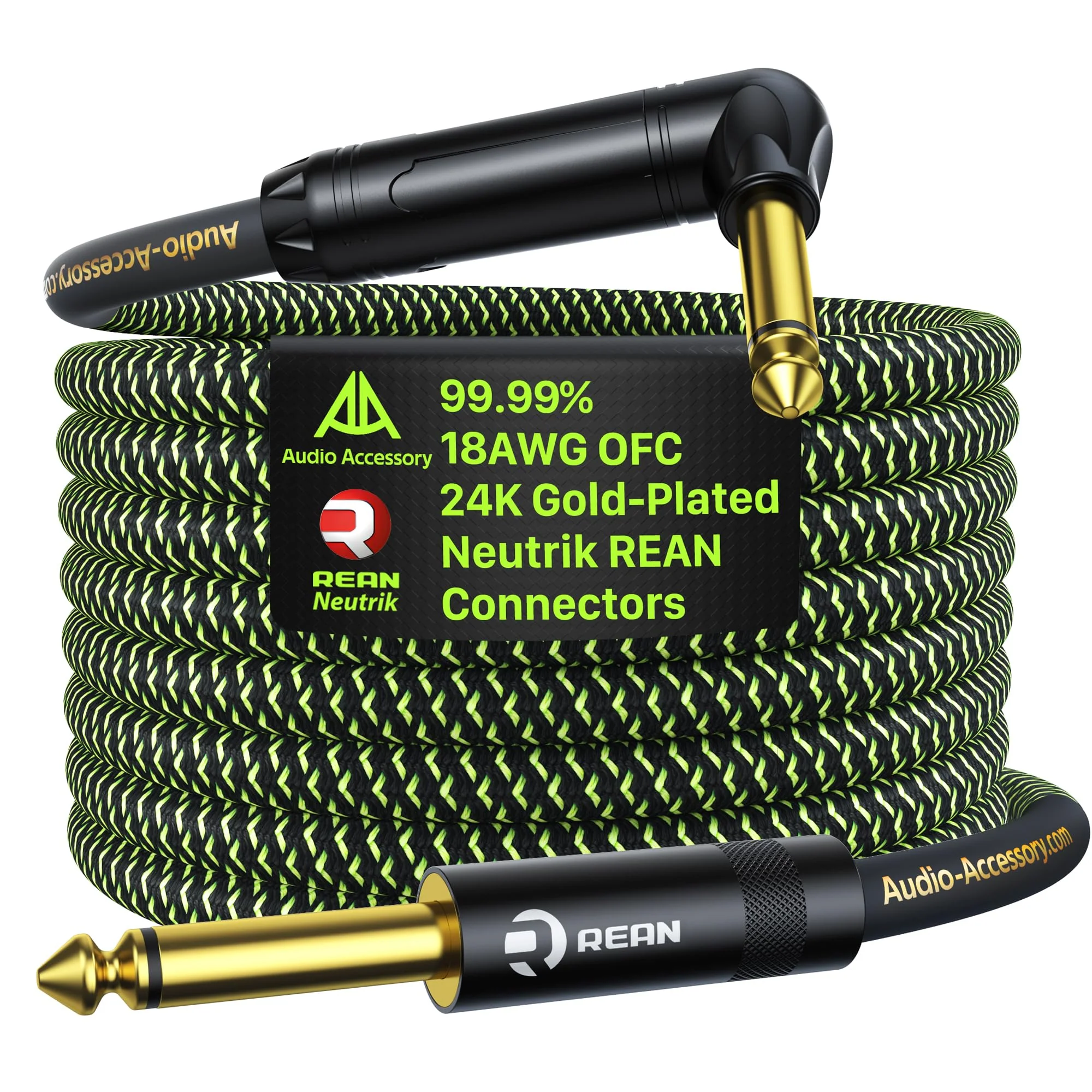 Pro Bass Guitar Cable 10 ft, Gold-Plated Neutrik REAN Connector, 18 AWG OFC, Braided 1/4 Inch Instrument Cable for Fender Electric Bass Guitar Combo Amp Rumble Marshall, Right Angle