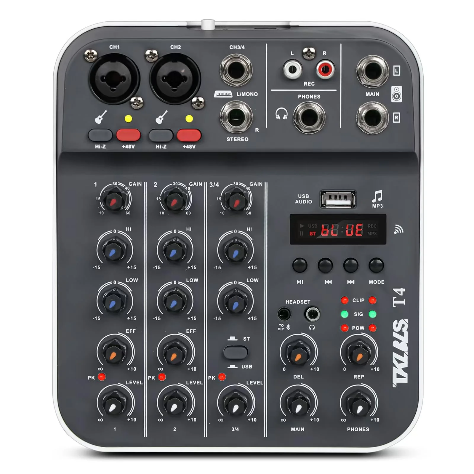 Professional Audio Mixer, TKLBLS 4-Channel Unpowered Mixing Console with USB/Bluetooth Playback, 48V Phantom Power, REC Output, MP3 Player, Digital Delay Effects, for Streaming, Studio, Karaoke T4
