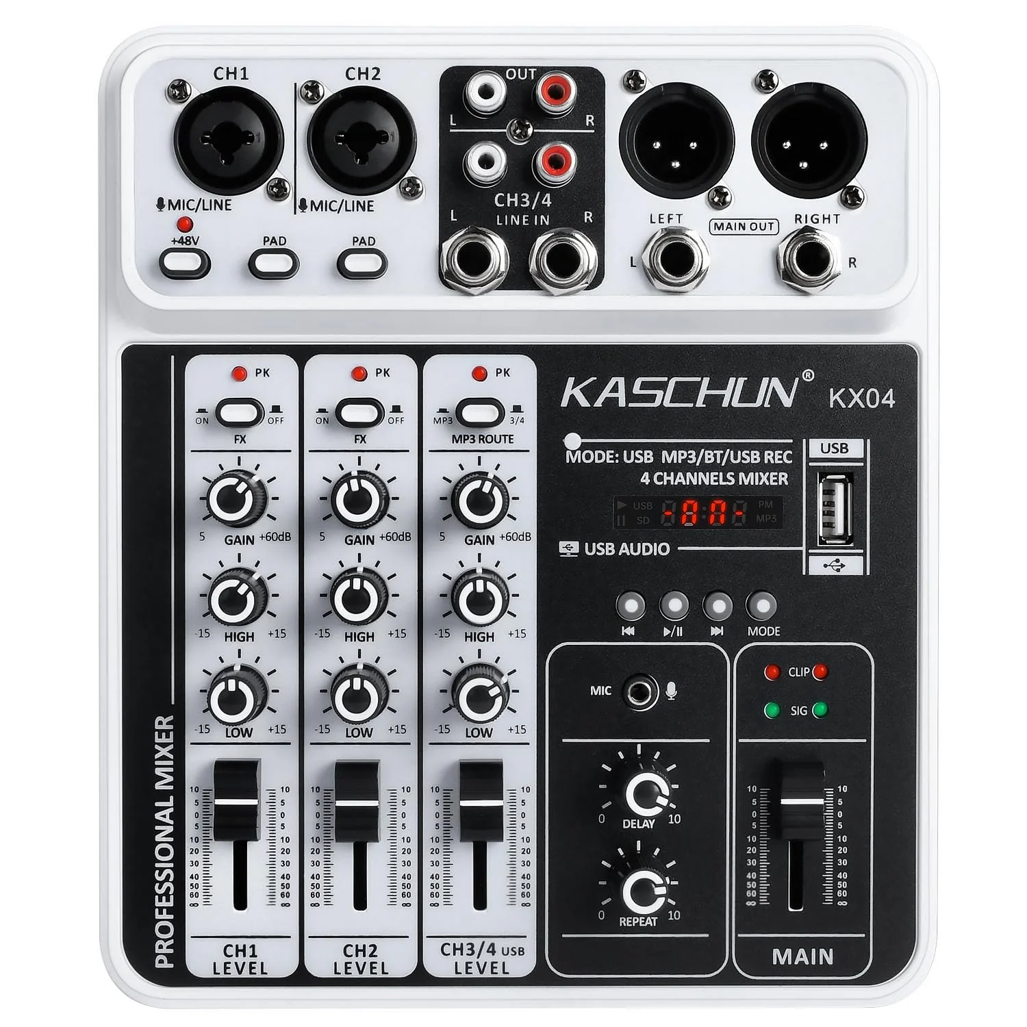 Professional DJ audio mixer, 4-channel DJ mixer, Bluetooth sound mixer, supports USB/MP3/BT computer input, 48V phantom power stereo studio audio mixer suitable for DJ studio streaming recording KX04