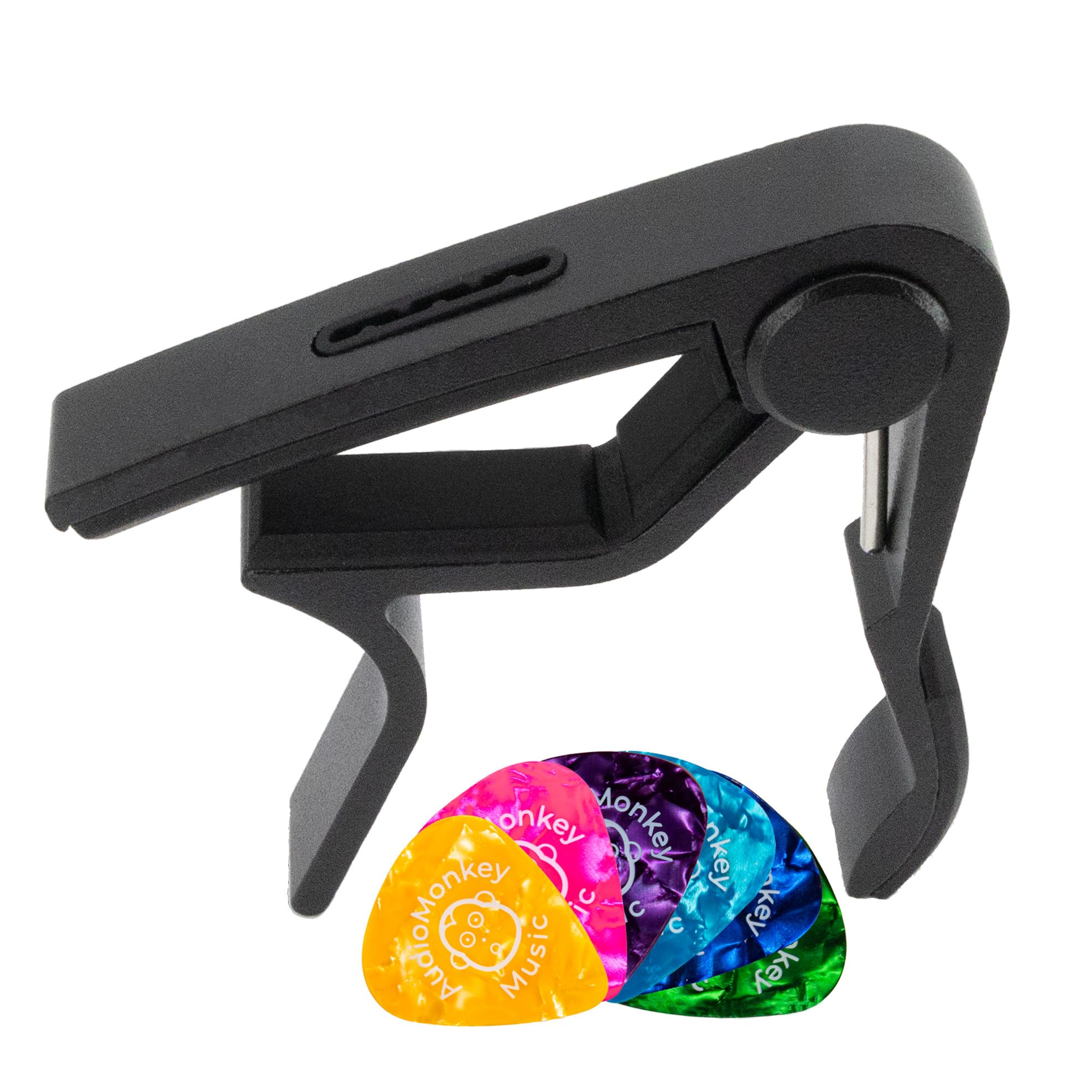Professional Guitar Capo w/Built-In Pick Holder | Universal Compatibility for Acoustic, Electric & Bass | by AudioMonkey | Includes 6 Picks! (Matte Black)