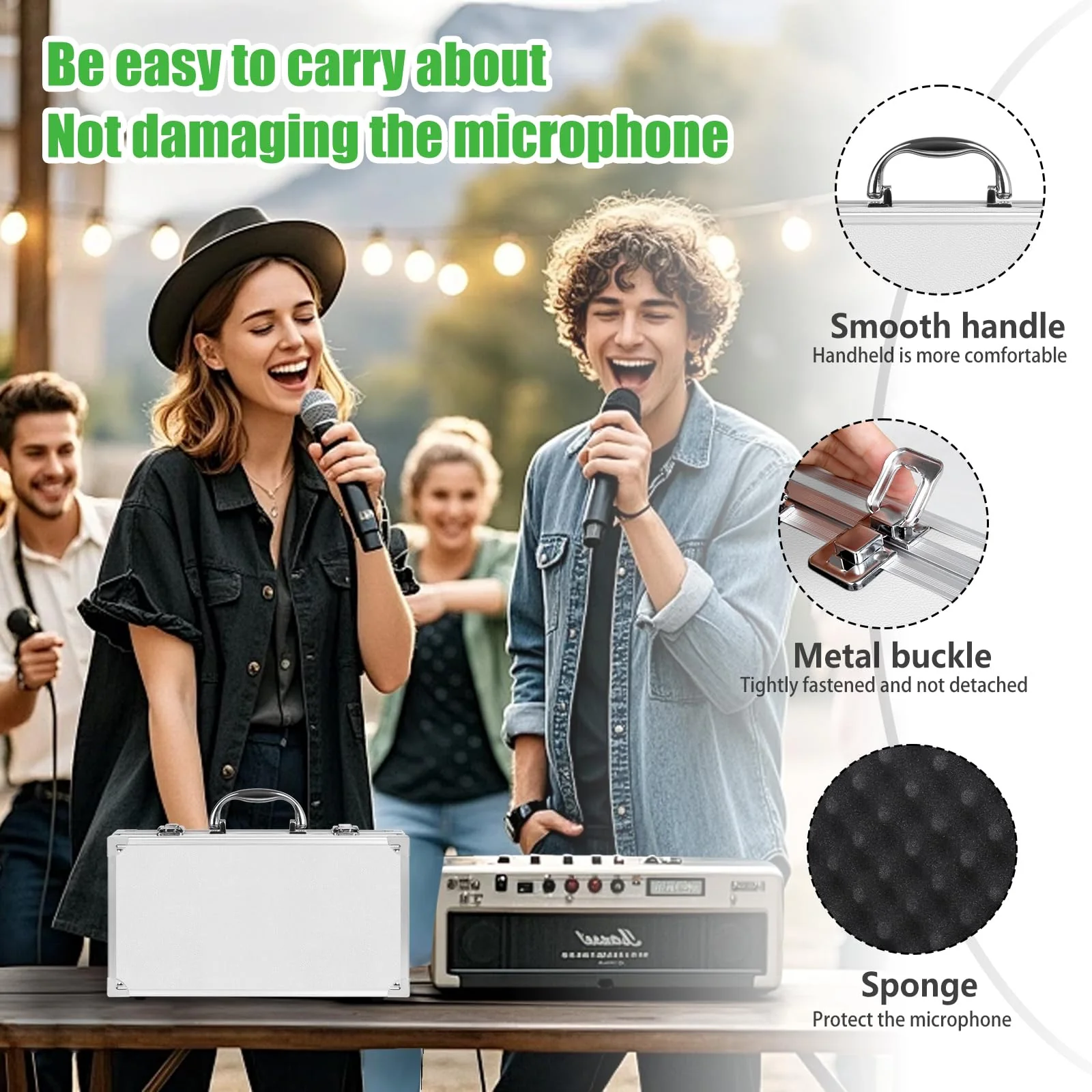 Professional Microphone Case, Hard Shell Carrying Case for 2 Wireless Mics, Aluminum Frame with Foam Interior, white - Image 2
