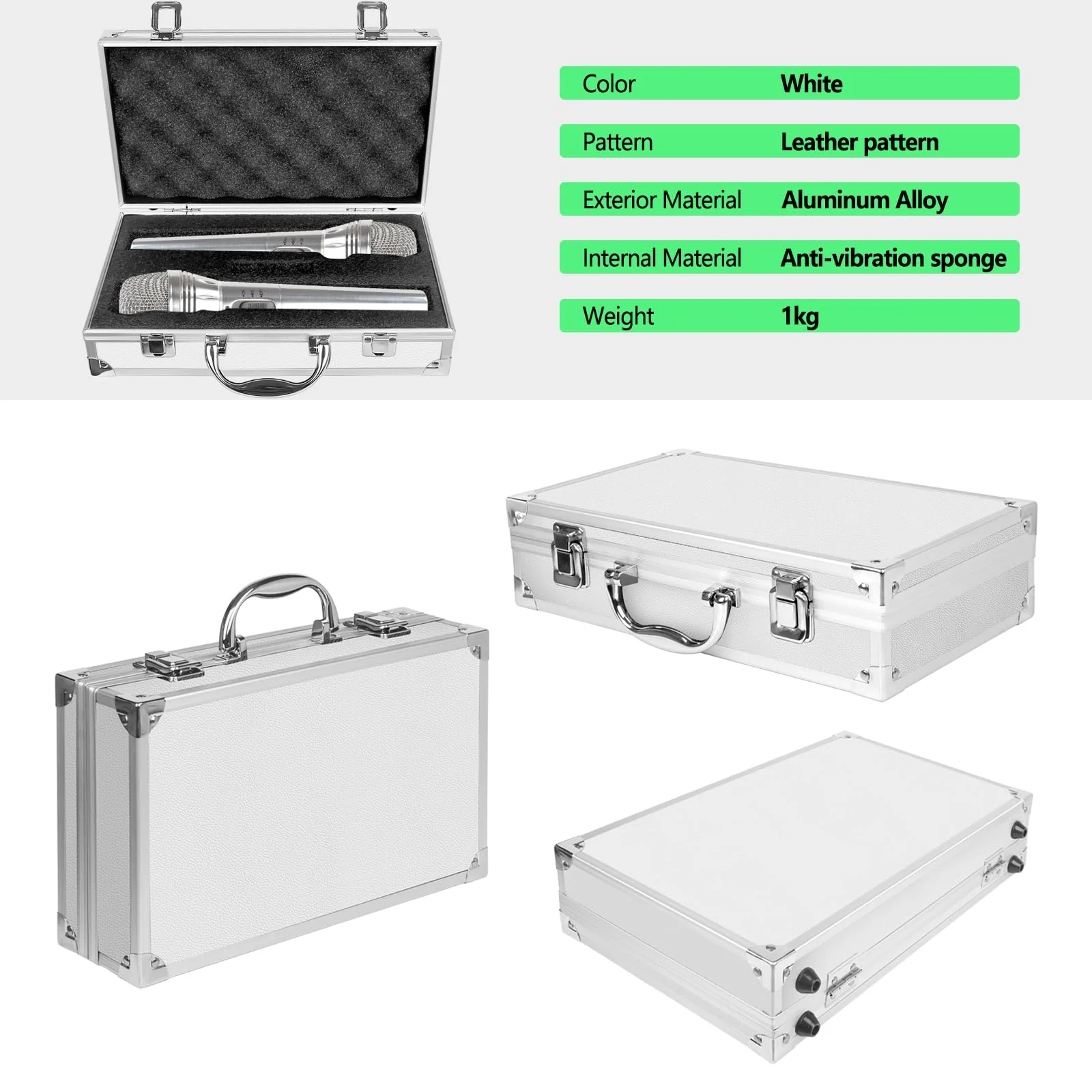 Professional Microphone Case, Hard Shell Carrying Case for 2 Wireless Mics, Aluminum Frame with Foam Interior, white - Image 5