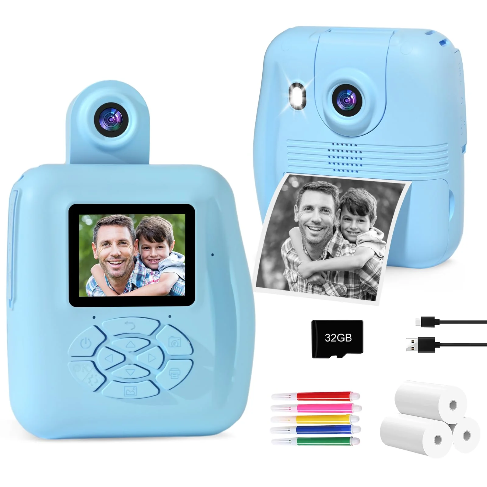PROGRACE Instant Print Kids Camera - 1080P Digital Camera for Kids, Toys Camera with Instant Pictures, Birthday Gifts for 3-12 Year Old Girls Boys Blue