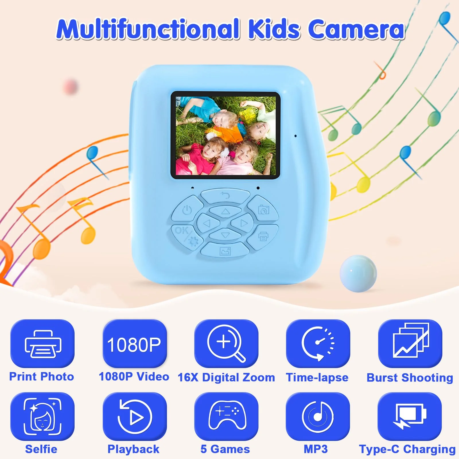PROGRACE Instant Print Kids Camera - 1080P Digital Camera for Kids, Toys Camera with Instant Pictures, Birthday Gifts for 3-12 Year Old Girls Boys Blue - Image 2