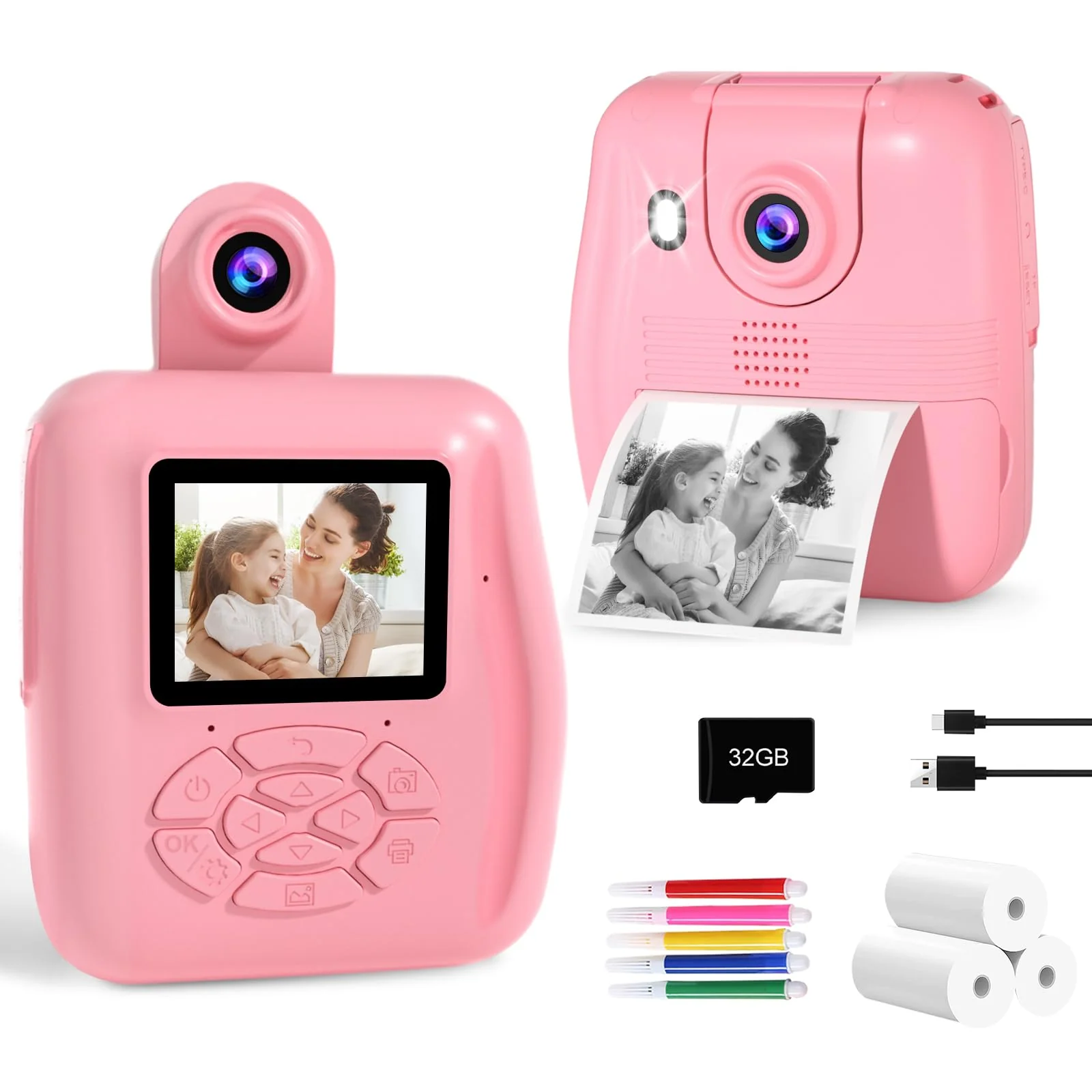 PROGRACE Kids Instant Print Camera - 1080P HD Photos & Videos - Perfect Birthday for Boys & Girls Age 3-12 with 32GB Card Pink