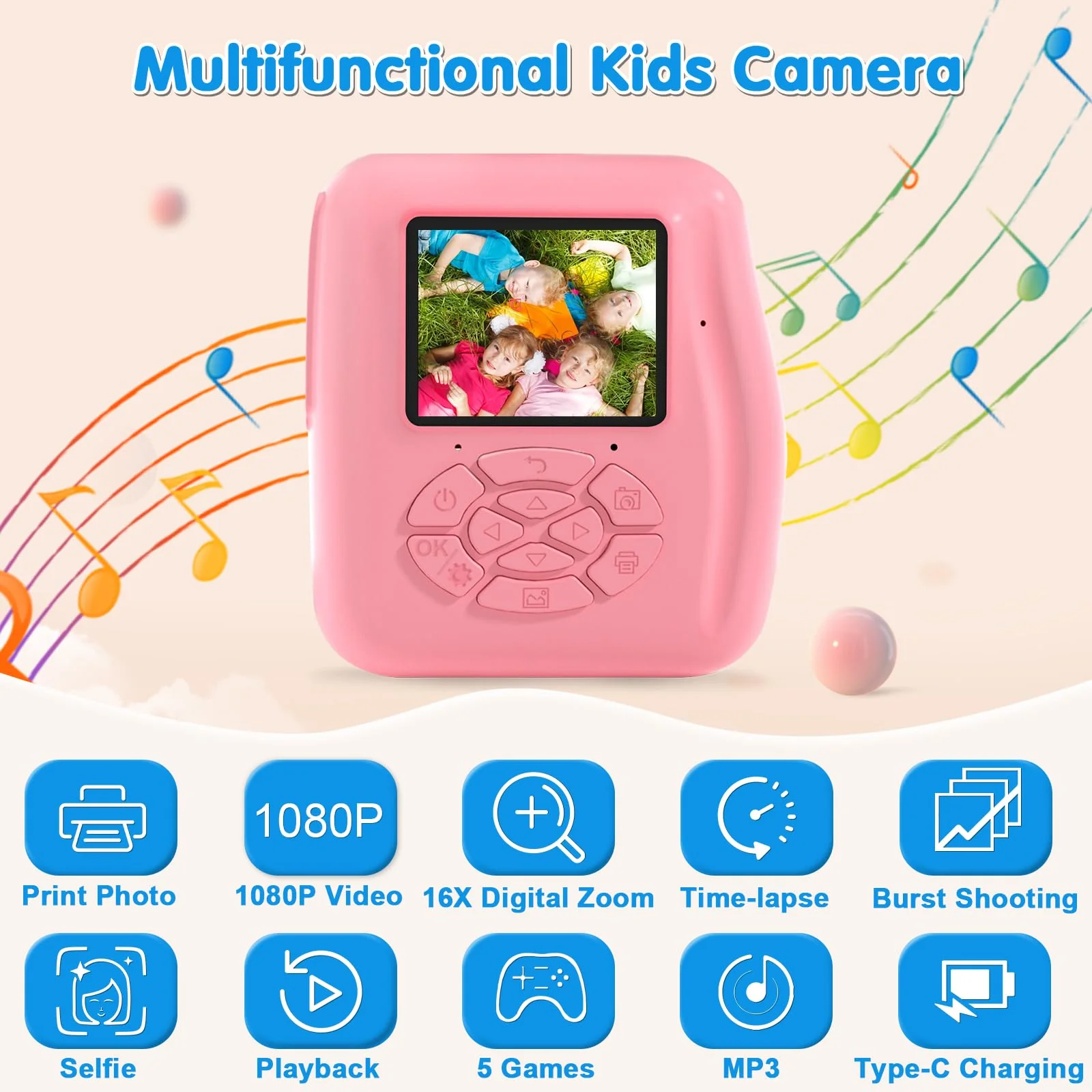 PROGRACE Kids Instant Print Camera - 1080P HD Photos & Videos - Perfect Birthday for Boys & Girls Age 3-12 with 32GB Card Pink - Image 2