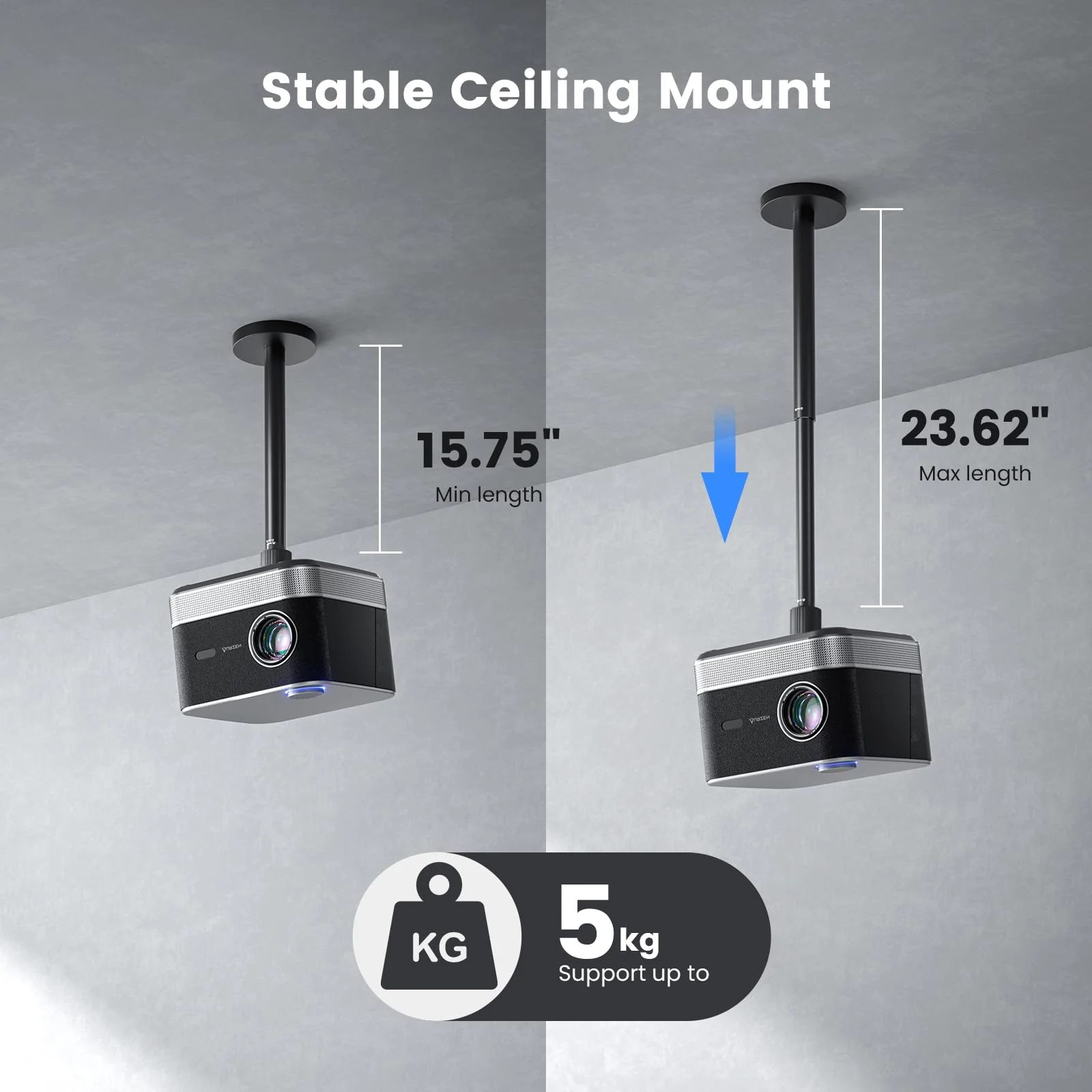 Projector Ceiling Mount with New Gimbal, 15.75" - 23.62" Adjustable Length, ¼-Inch Screw, Compatible with TMY, HAPPRUN, Yaber, Epson & Most Projectors, Ceiling/Wall Use with Adjustable Angle - Image 2