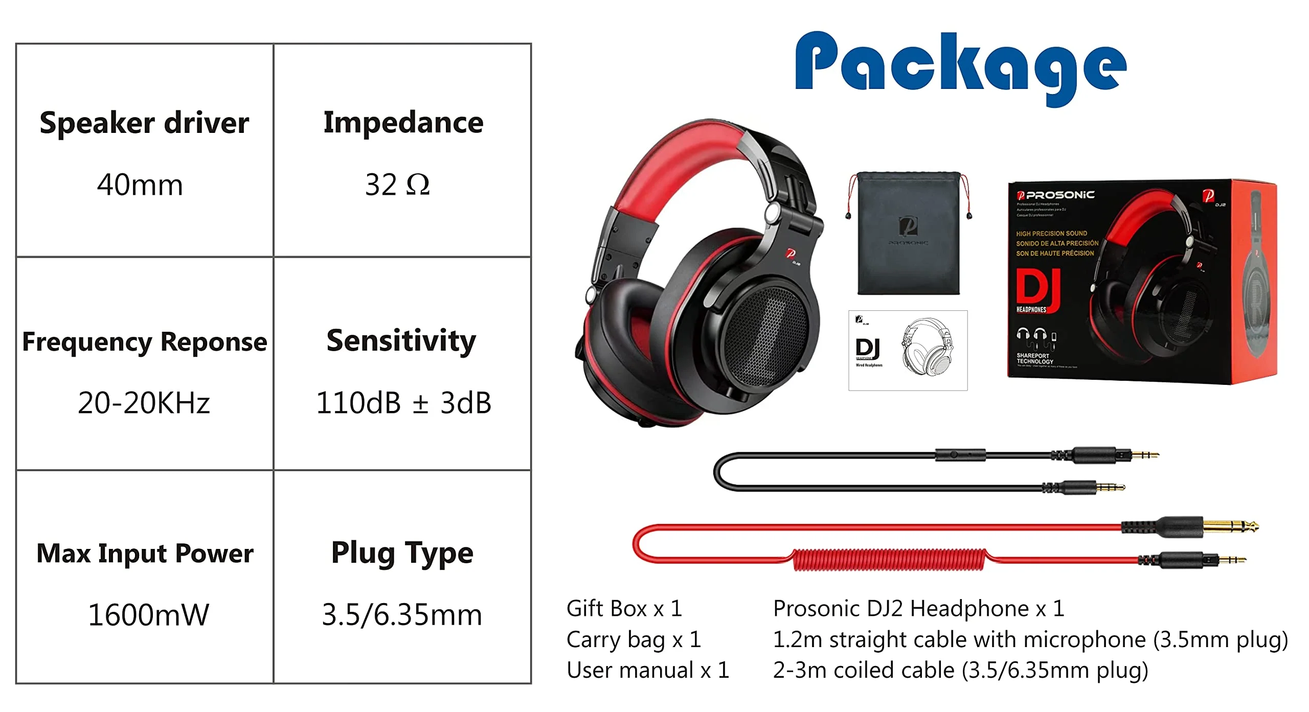 Prosonic DJ2R Over Ear Headphone, Wired Bass Headset with 40mm driver, Foldable lightweight headphones with Shareport and Mic for Recording Monitoring Mixing Podcast Guitar PC TV (Black Red) Black Red - Image 8
