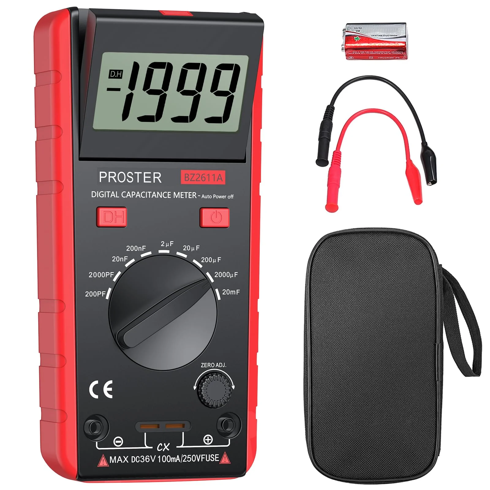 Proster Digitales Kapazitätsmessgerät 200pF-20mF Messgerät Kondensator Handmultimeter Tester für Anfänger mit drehbarer LCD-Anzeige Rot-vereinfachte Version