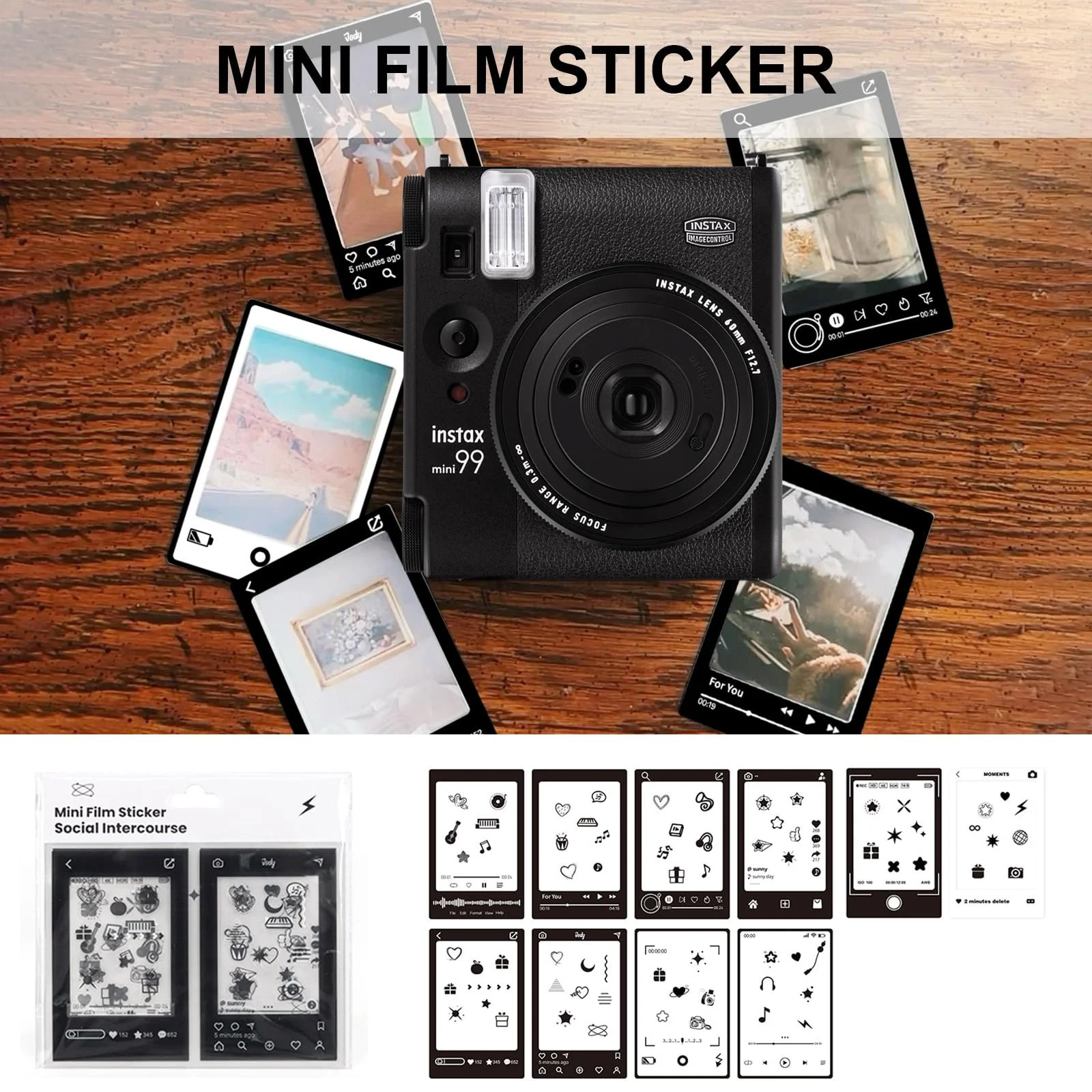 Protective Case for Fujifilm Instax Mini 99 Instant Camera, PU Leather Camera Case with 64 Pocket Mini Photo Album, Adjustable Strap, Photo Border Stickers (No Camera) - Black Camera Bag-black - Image 6
