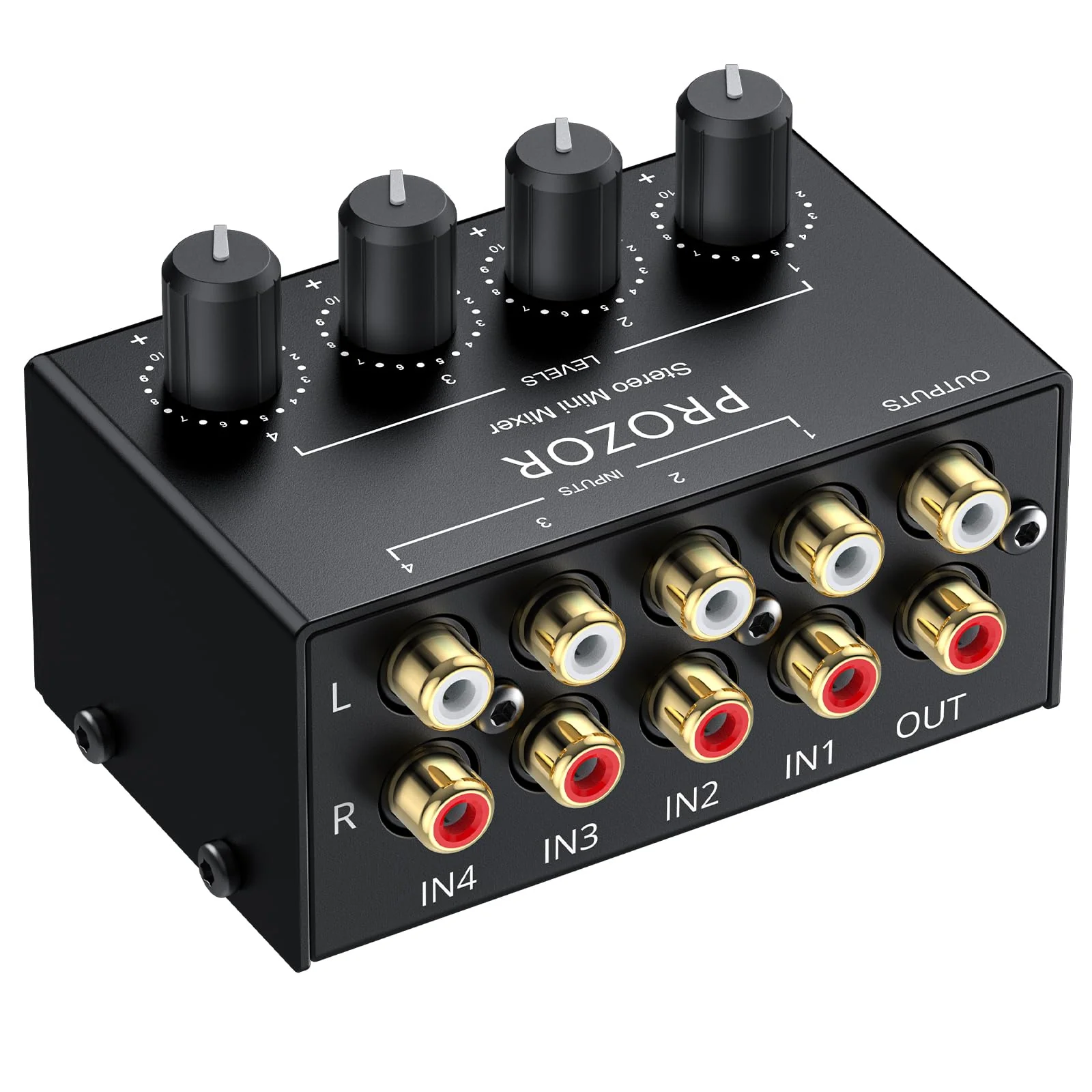 PROZOR 4-Channel Stereo Audio Mixer, RCA Input with Independent Volume Controls, Metal Housing, Ultra Low Noise, for TV/PC Mixing, Home Studios, DJ Performances – No Power Required, Plug and Play