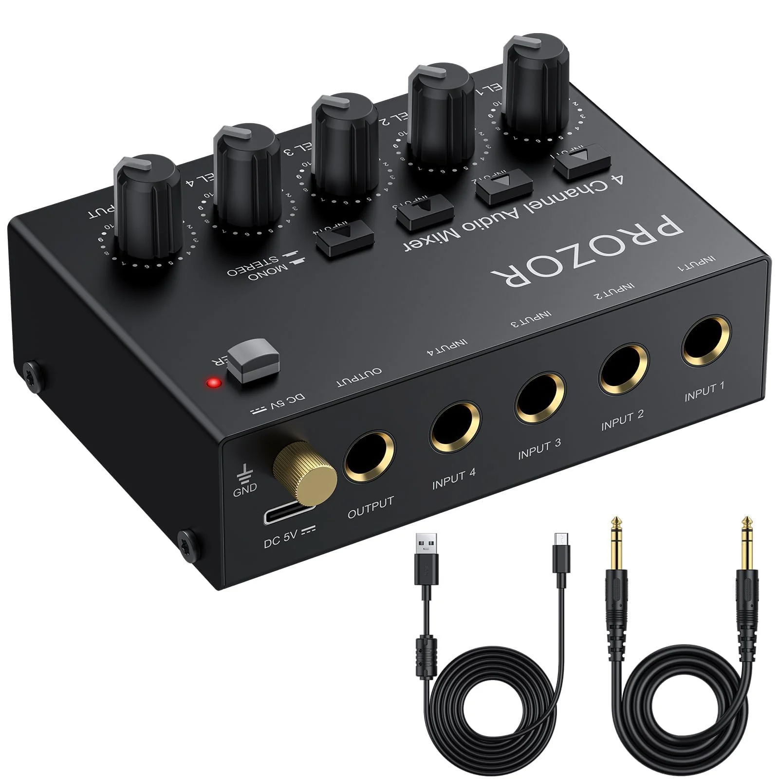 PROZOR Mini Audio Mixer 4 Channel Line Mixer - USB-C Powered Sub Mixer with Volume Control & Stereo Mono Switch, Compact Low Noise Audio Mixer for Guitar, Bass, Keyboard, Recording, Streaming
