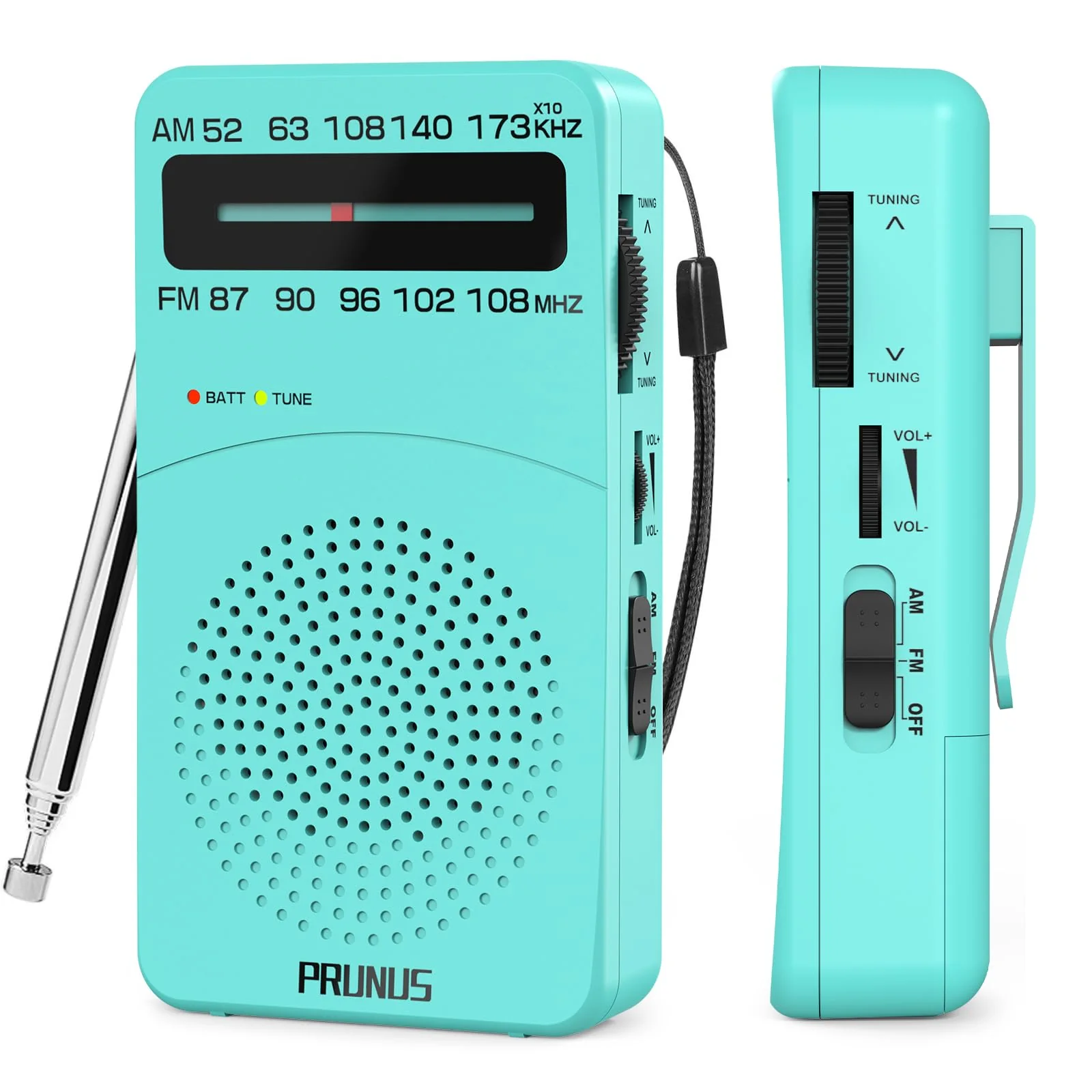 PRUNUS J-166 Portable Radio AM FM, Battery Operated Radio with Tuning Light, Back Clip, Excellent Reception, AM FM Radio Portable, Transistor Radio Blue