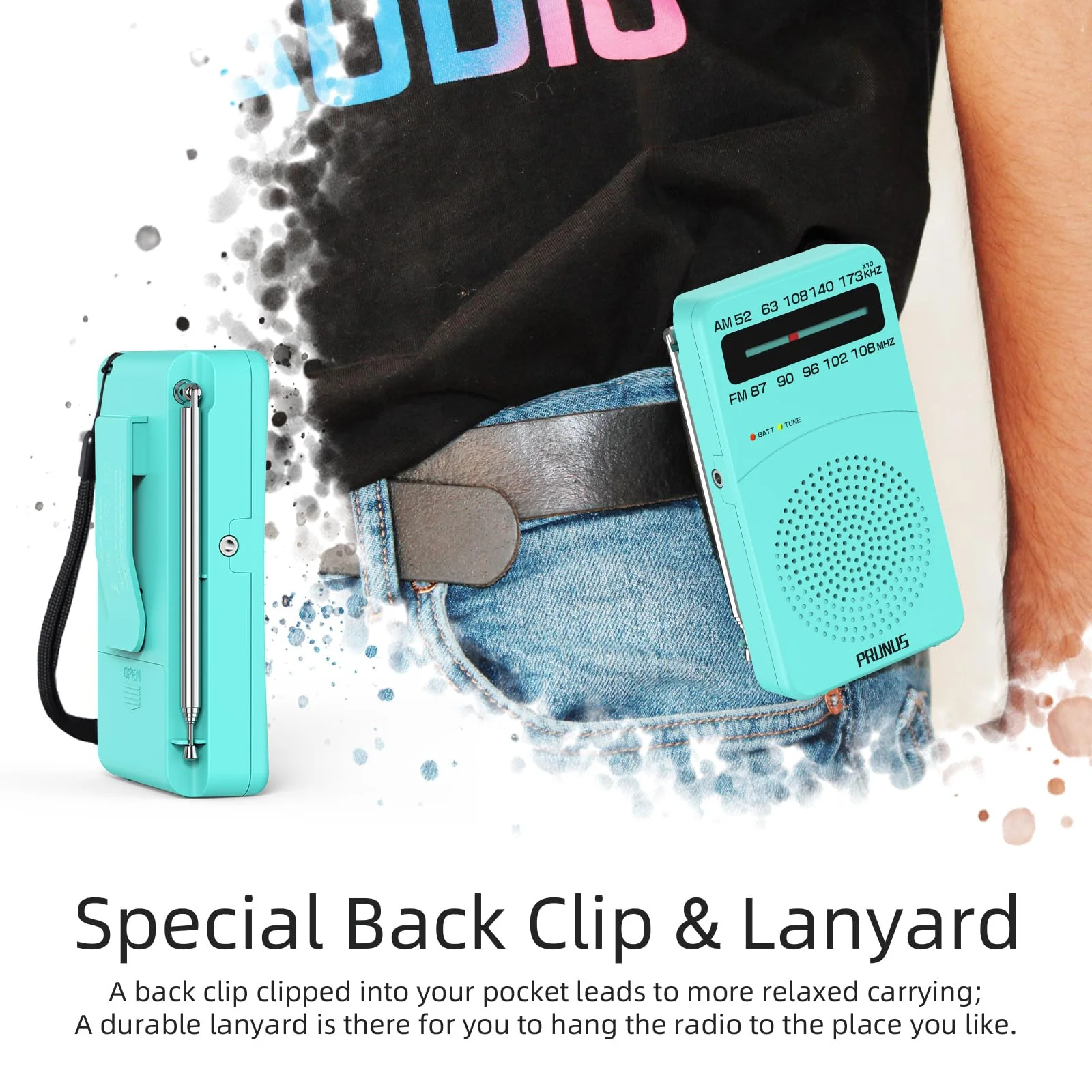 PRUNUS J-166 Portable Radio AM FM, Battery Operated Radio with Tuning Light, Back Clip, Excellent Reception, AM FM Radio Portable, Transistor Radio Blue - Image 6