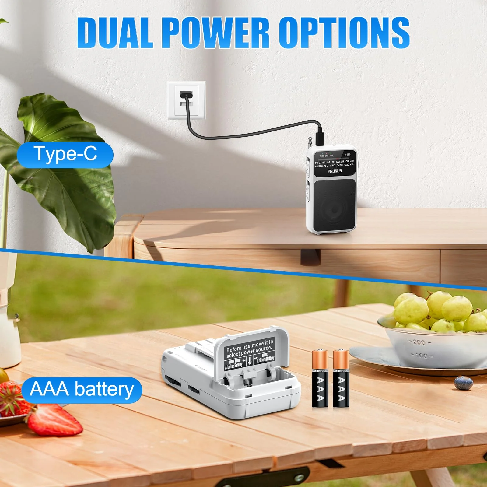 PRUNUS J-555 Pocket Radio AM FM USB-C Charging& Battery Operated, Excellent Reception& Clear Speaker and Headphone Jack, Back Clip, Flashlight, Transistor Radio, Portable Radio AM FM, Mini Radio White - Image 2