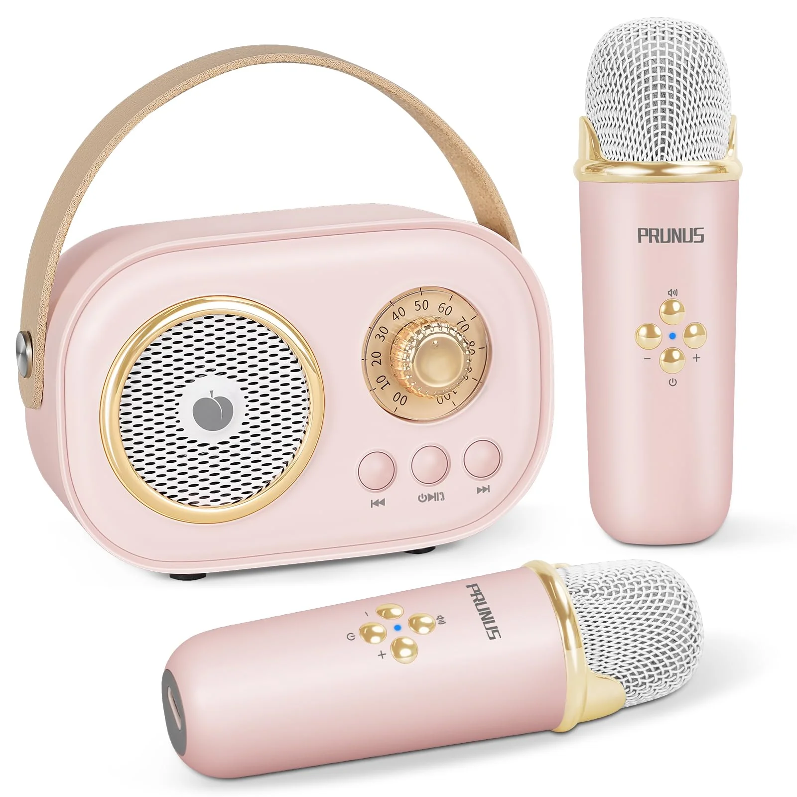 PRUNUS Mini Karaoke Machine for Kids&Adults,Portable Bluetooth Speaker with 2 Wireless Microphones and Stereo Sound Enhanced Bass,Toys for Girl 6 7 8 9 10 11 12 Years Old Home Party Birthday-Pink Pink-2 Mic