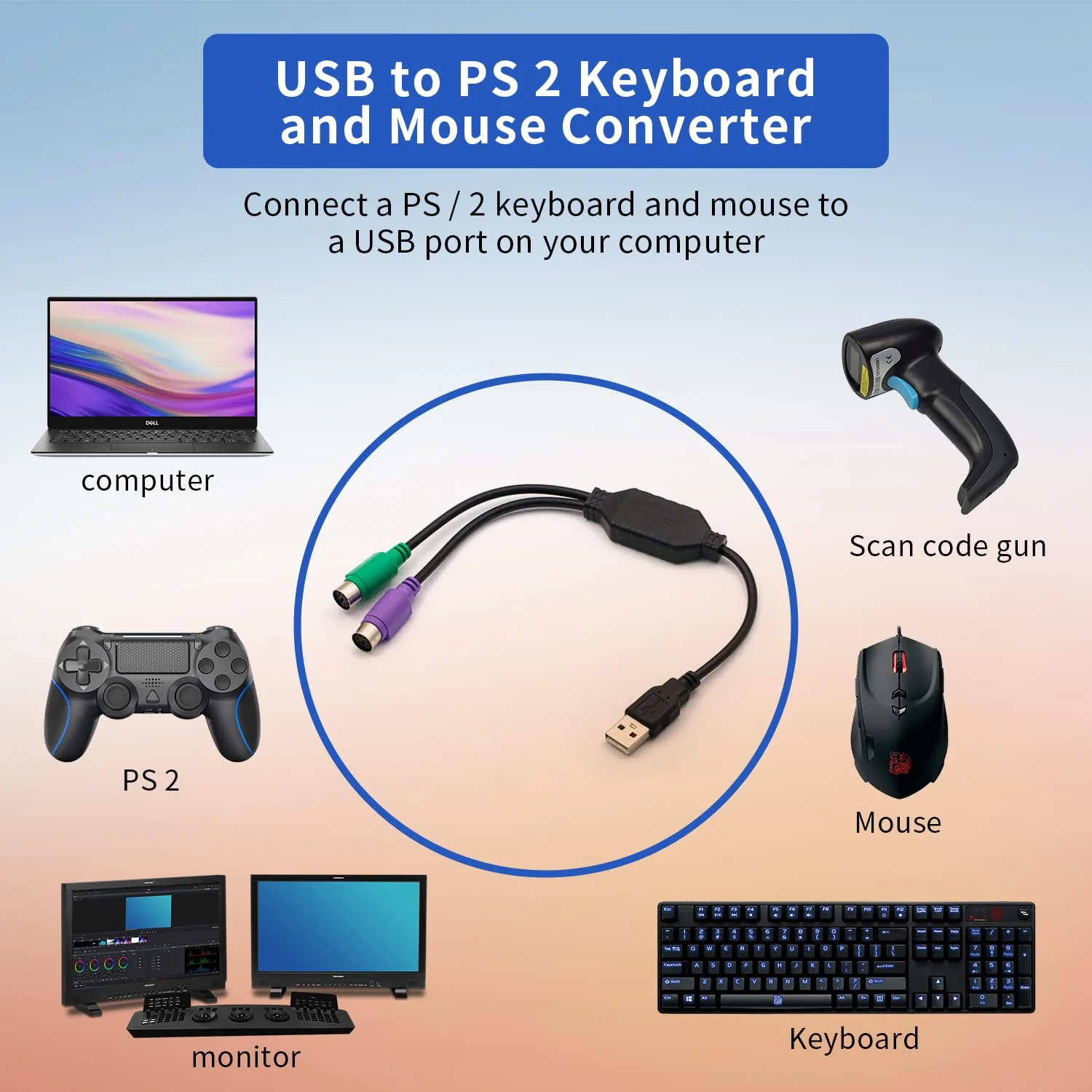 PS/2 to USB Adapter Cable, 4Pack PS2 Female to USB Male Converter Connector Adapter for PC Keyboard - Image 2
