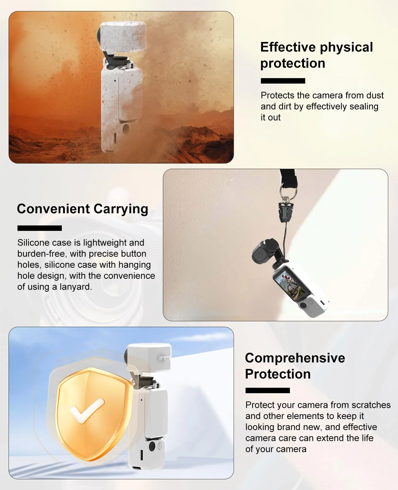 PULUZ 3-in-1 Silicone Camera Case Set for DJI OSMO Pocket 3，Slim Durable Lightweight Rubber Soft Silicone Camera Protective Cover Accessories(White) White - Image 5