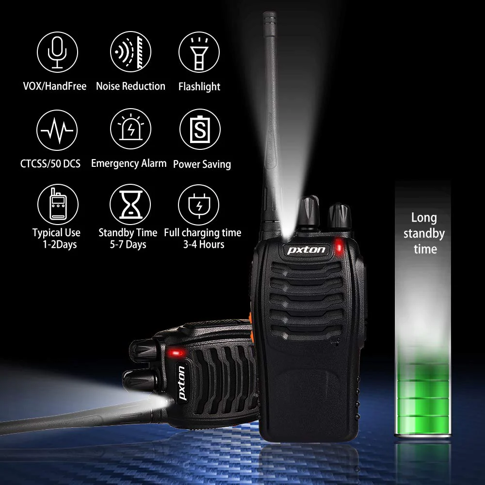 pxton Walkie Talkies Rechargeable Long Range Two-Way Radios with Earpieces,2-Way Radios UHF Handheld Transceiver Walky Talky with Flashlight Li-ion Battery and Charger(2 Pack) 2-pack - Image 2
