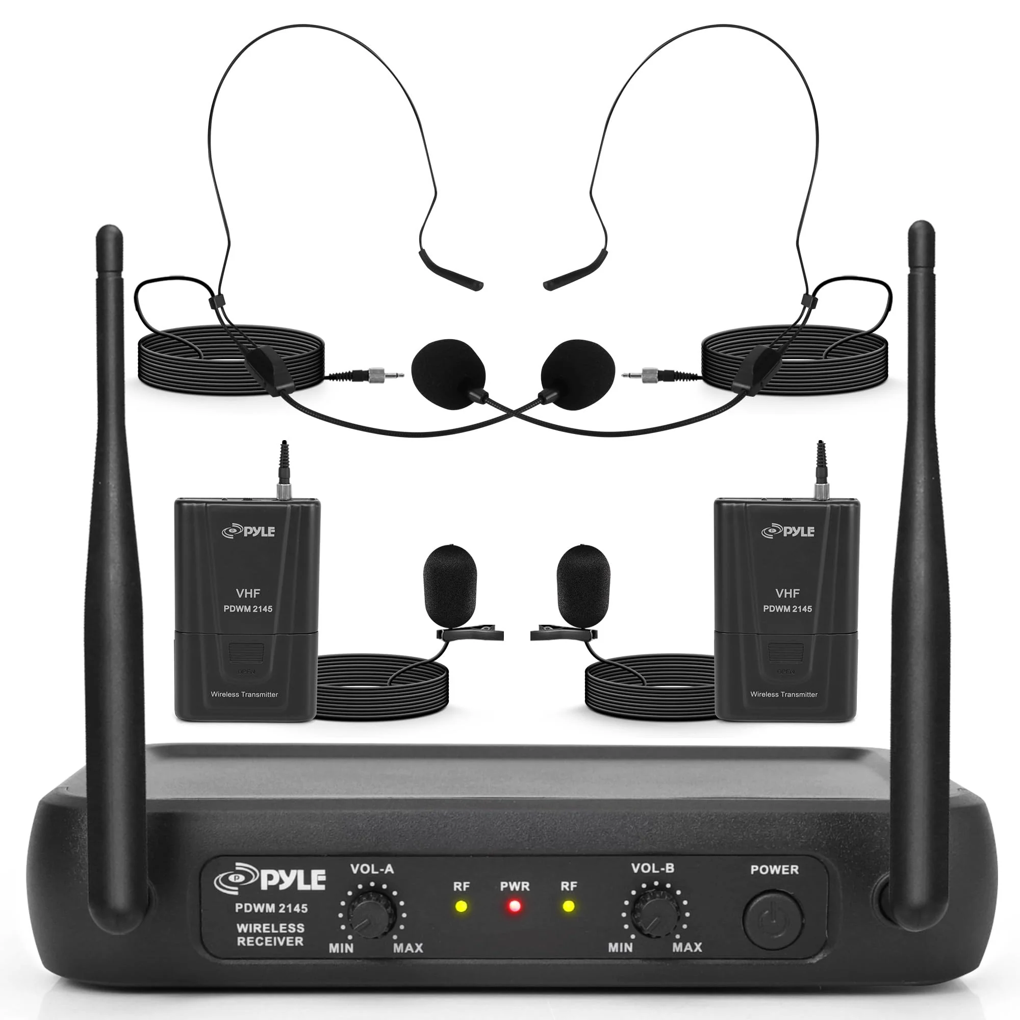 Pyle Dual Channel Wireless Microphone System - VHF Fixed Dual Frequency Wireless Mic Receiver Set with 2 Lavalier, 2 Headset Mics, 2 Transmitter, Receiver - For PA, Karaoke, Dj Party - Pyle PDWM2145
