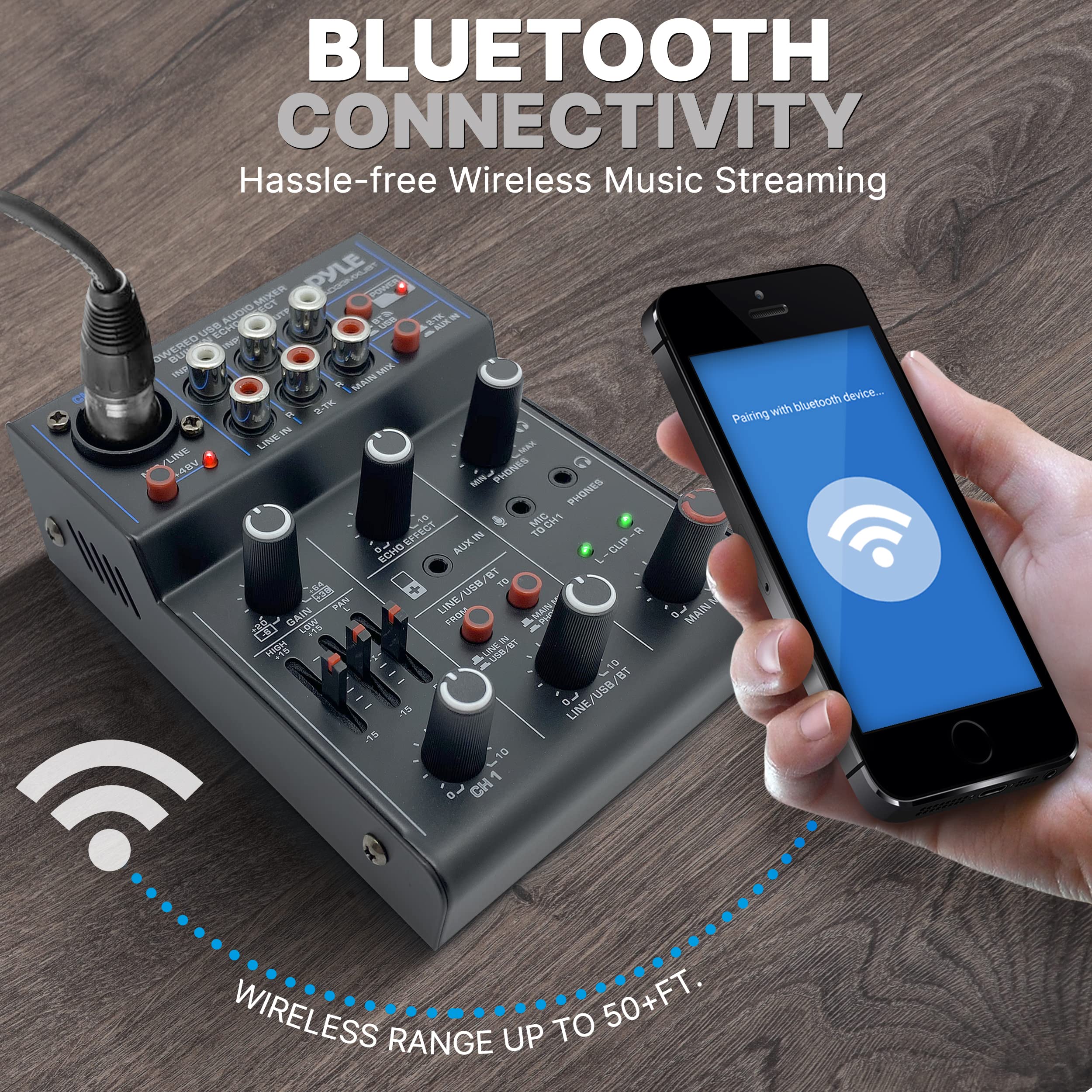 Pyle Professional Wireless DJ Audio Mixer- 3-Channel Bluetooth DJ Controller Sound Mixer w/USB Audio Interface, Combo Jack XLR+6.35mm Mic/Line/Guitar In, 3.5mm, RCA, AUX, Headphone Jack- PAD33MXUBT.5 - Image 5