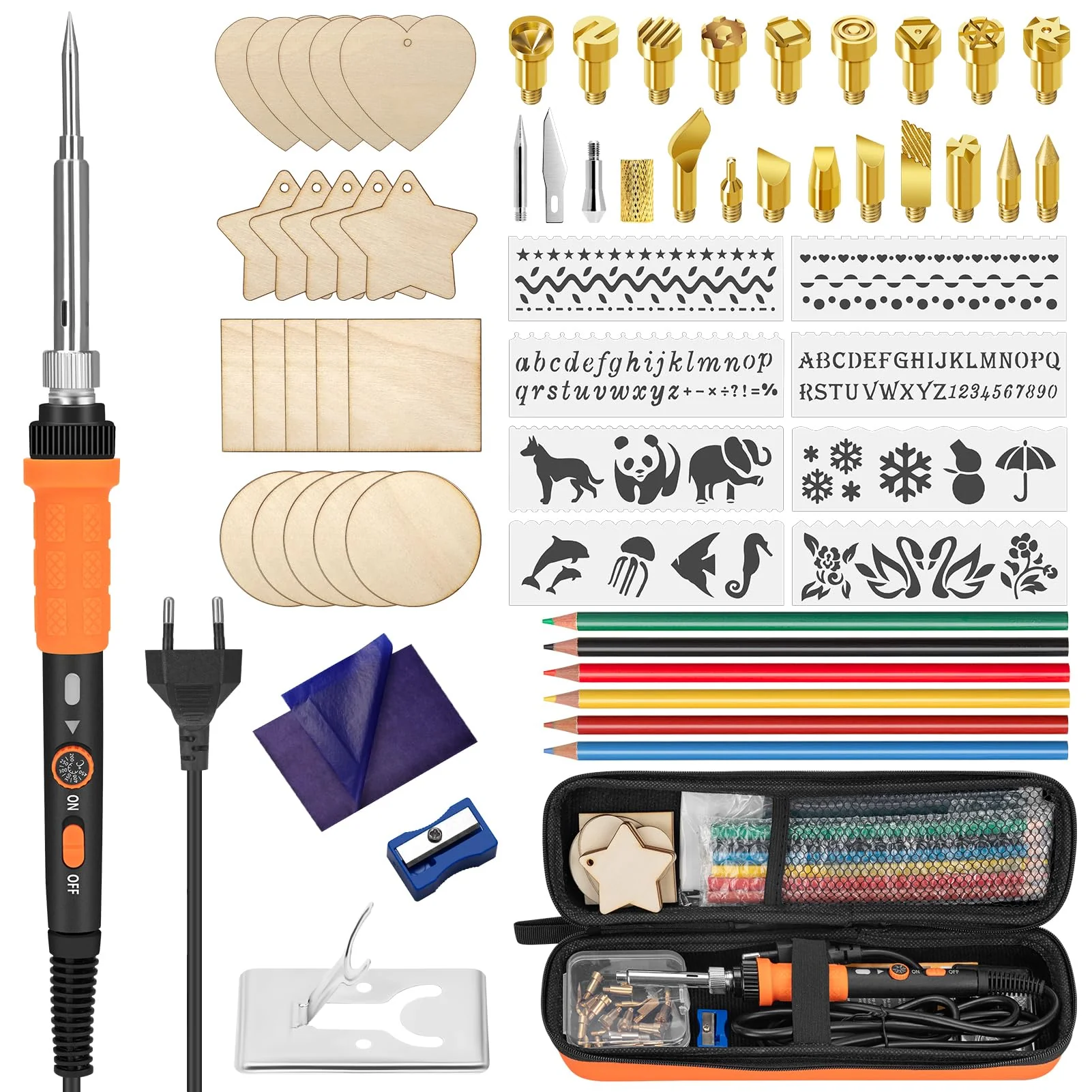 Pyrography Soldering Iron Set, 76-Piece Burning Tool with Adjustable Temperature from 200 to 450°C, Burning Iron Set with Pyrography Pen for Embossing, Carving, DIY Crafts 2-Orange Colour.