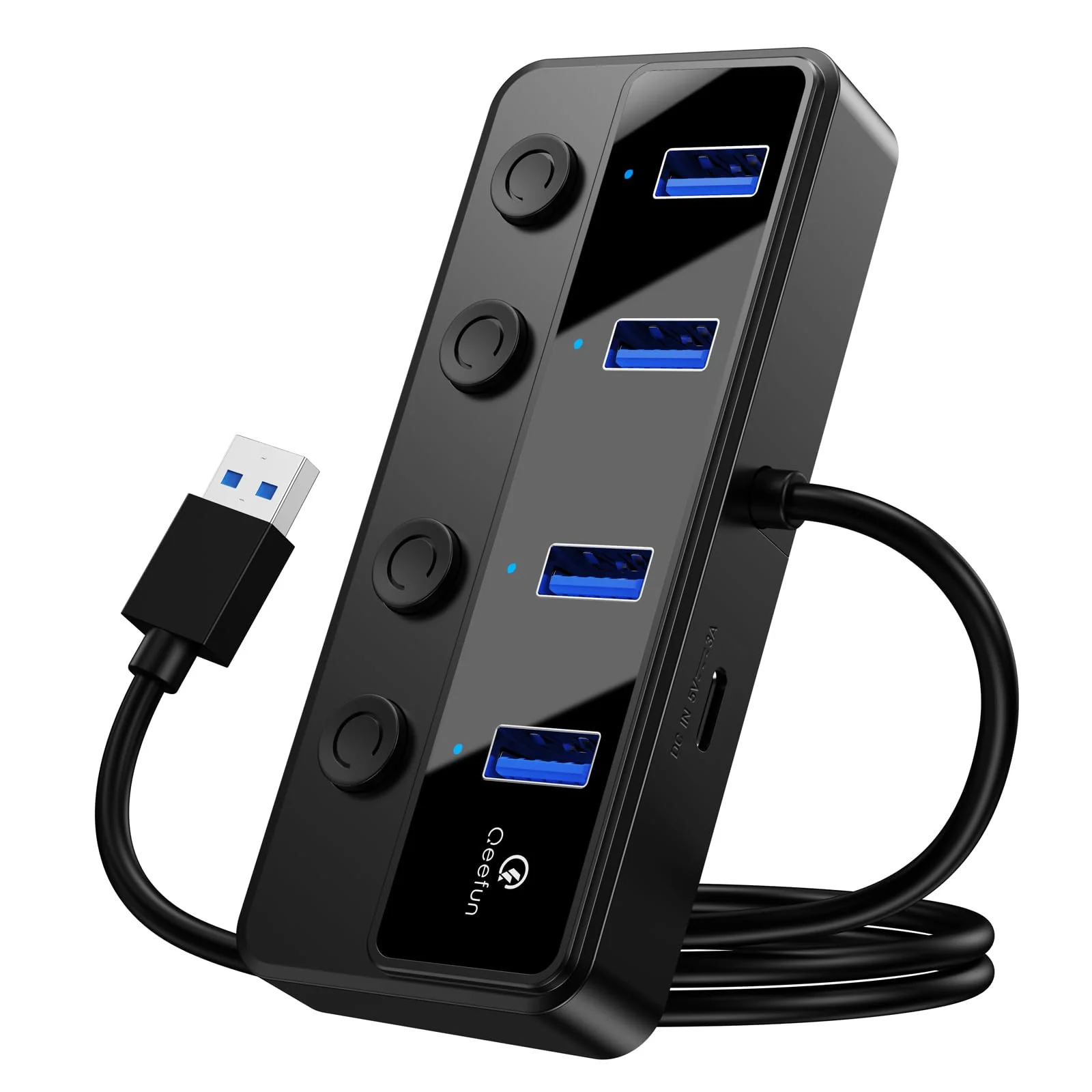 Qeefun 4-Port USB Hub 3.0, Individual LED Power Switches, 2ft USB Extension, 5V/3A USB Extender for Laptop, PC, USB Flash Drives, and More USB 3.0 A-4A 2ft