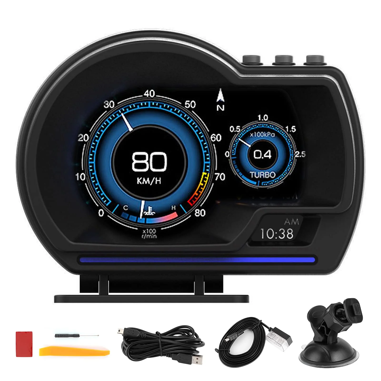 , Qiilu Car OBD2+GPS Smart Gauge Car HUD Speedometer Turbo RPM Alarm for Car Truck