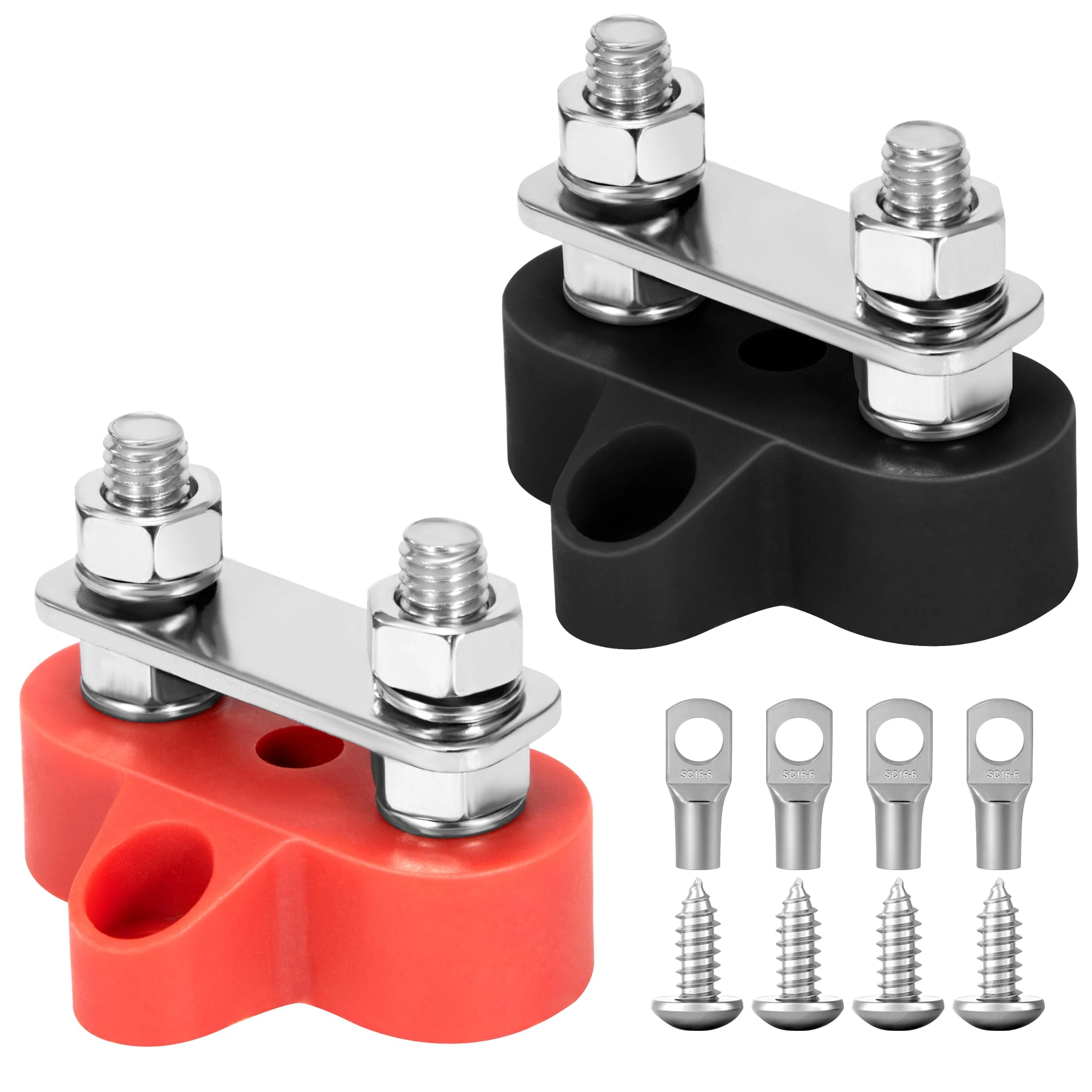 QIMEI-SHOP Dual Connection Bolts M6 Battery Terminal Blocks 12V-48V Battery Power Distribution Clamp Block Busbar for Car Truck RV Boat Black and Red Pack of 2 Dual M6