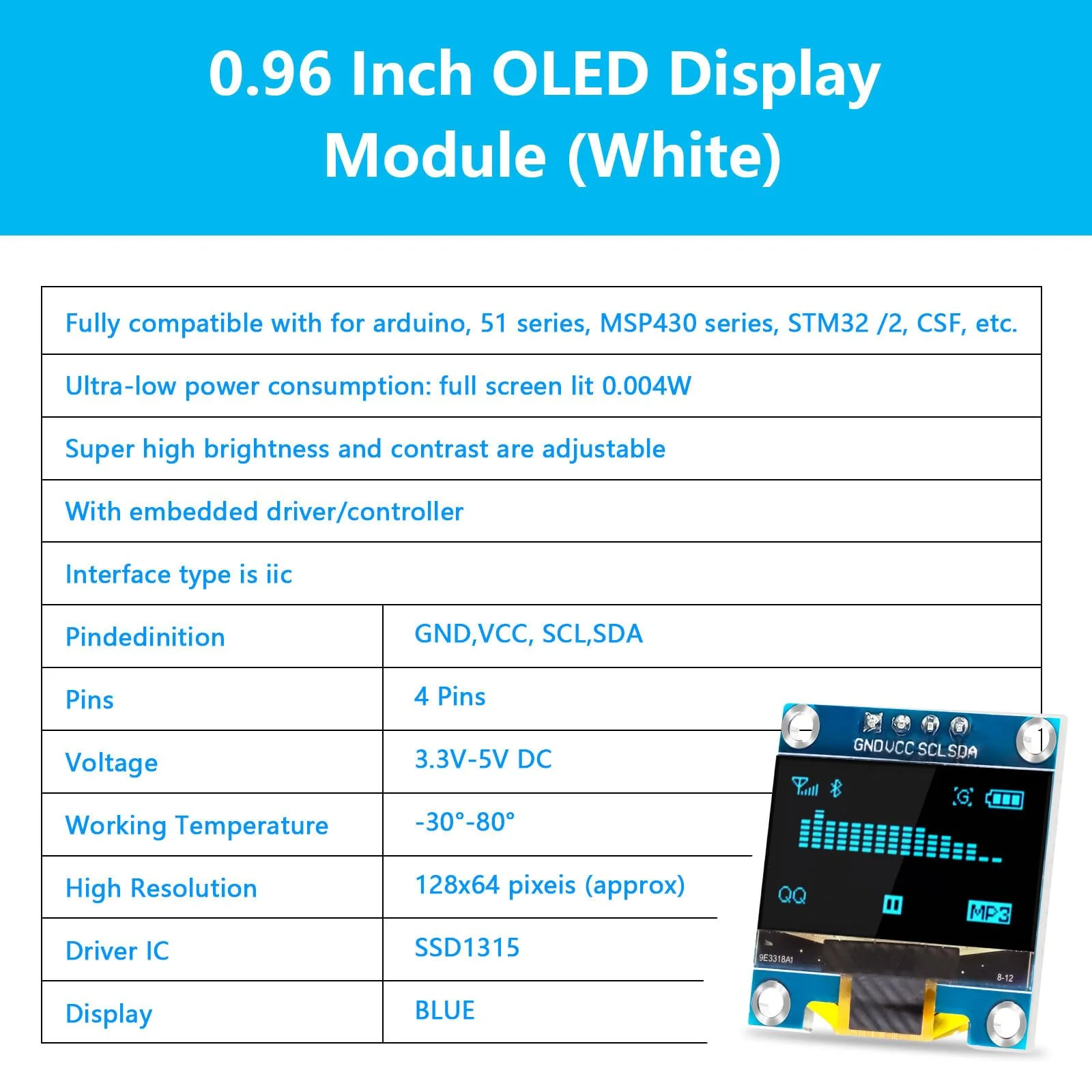 QIQIAZI 0.96 Inch OLED Display I2C Module, 3 Pieces I2C Display Module 128 x 64 Pixel I2C Screen Display Module Compatible with Arduino and Raspberry Pi (Blue) - Image 3