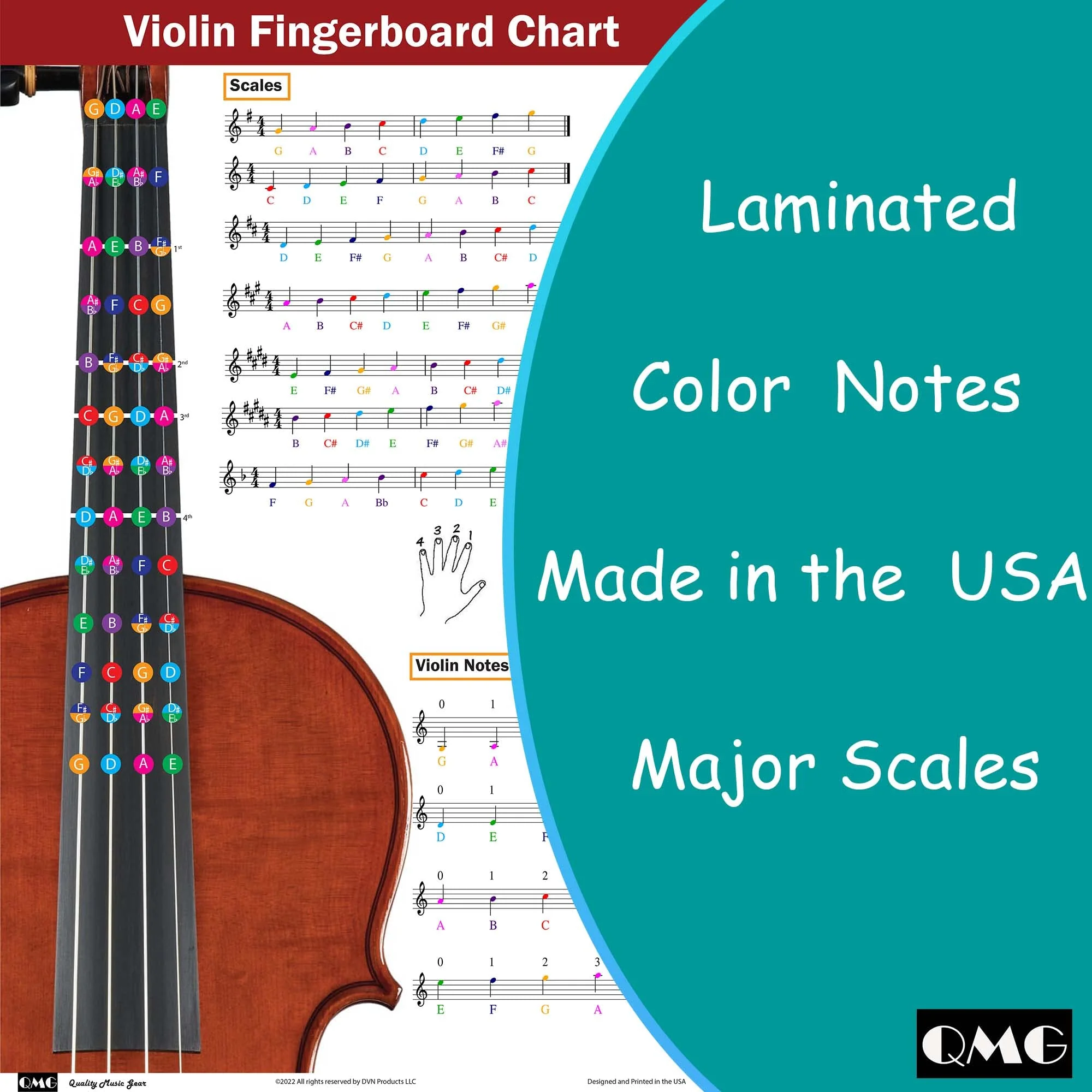 QMG Violin Fingering Chart with Color-Coded Notes, Learn Violin Scales Techniques Suitable for All Levels - Image 3